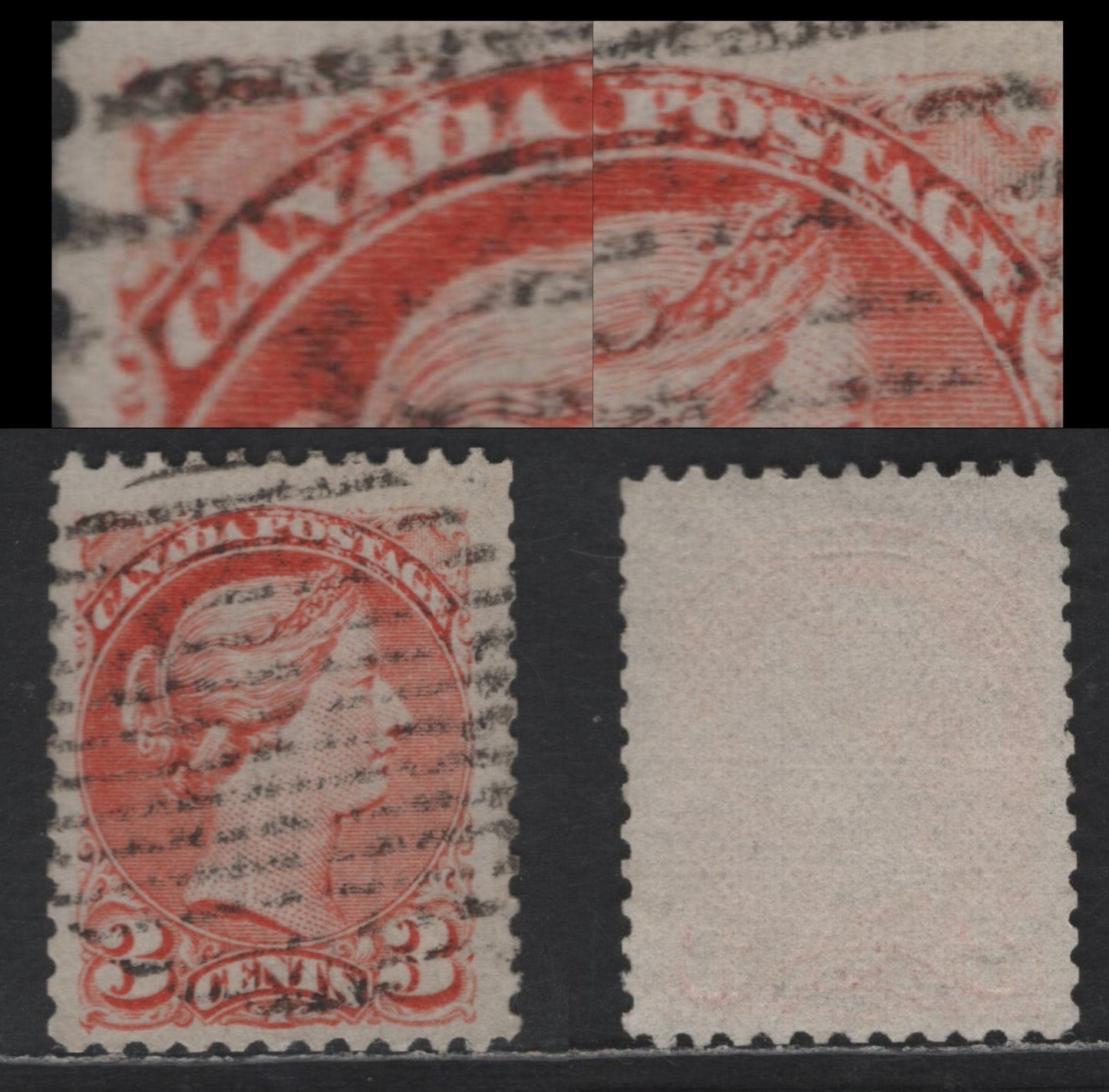Lot 326 Canada #37iiivar 3c Orange Red Queen Victoria, 1870-1893 Small Queen Issue, A Fine Used Single, Mid Montreal Paper, Paper MM-O, Extensive Dry Inking, Dot At Lower Left, Perf 11.75x12