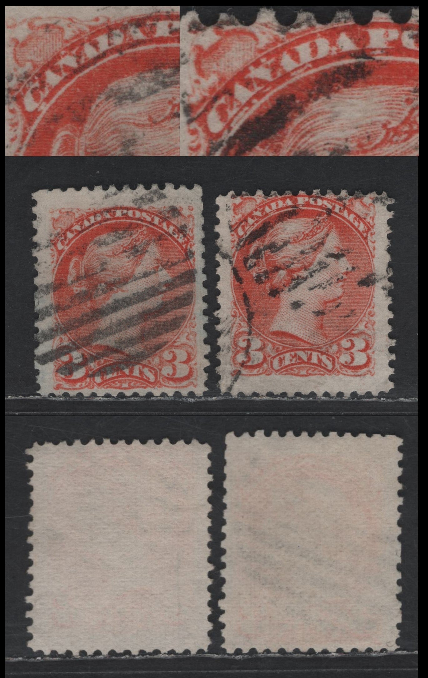 Lot 330 Canada #37var 3c Deep Orange Red Queen Victoria, 1870-1893 Small Queen Issue, 2 Very Good/Fine Used Singles, Early Montreal Printings, Paper EM-A, Dry Inking Above & Below Canada, Perf 12, Position Dots