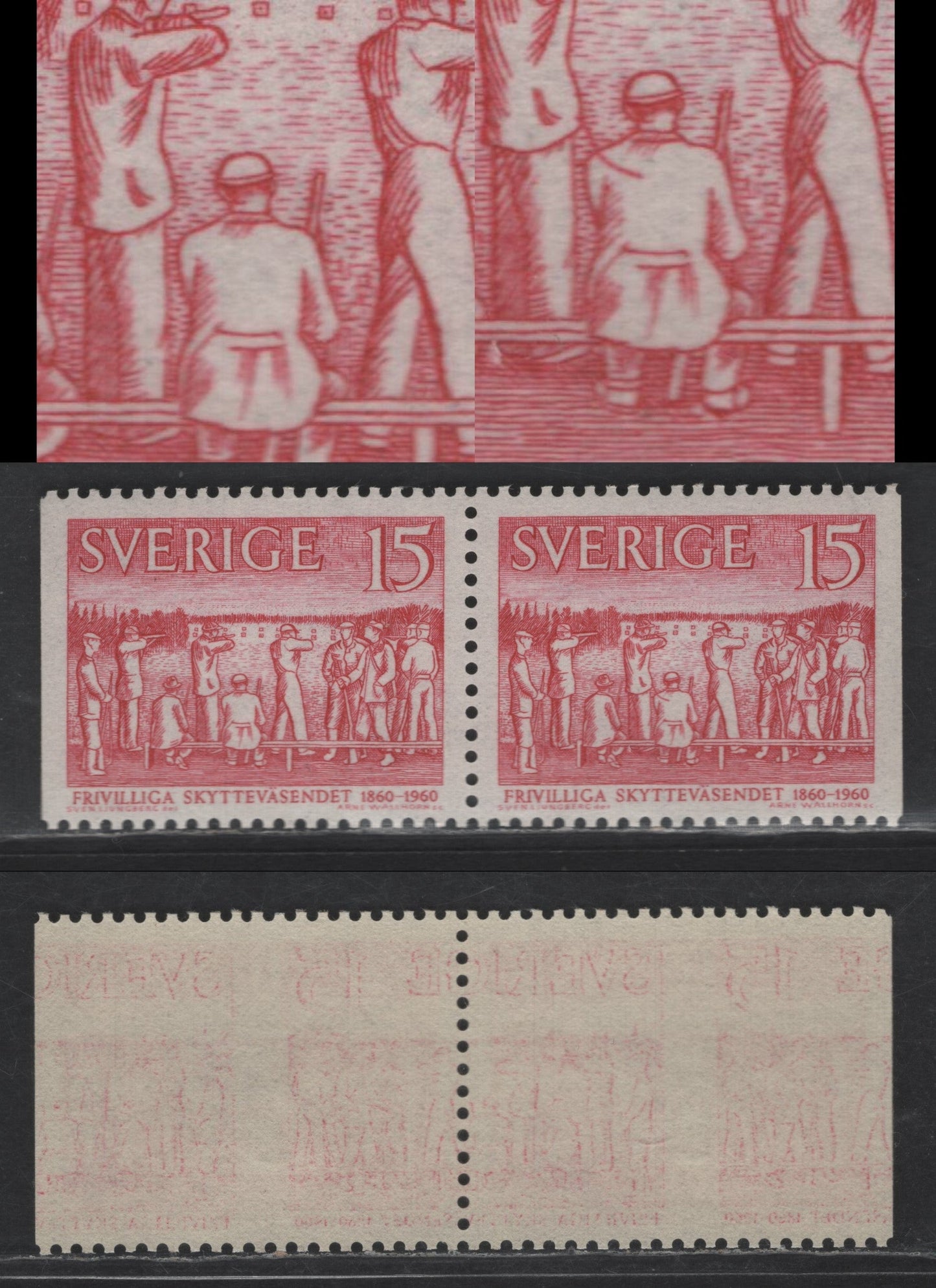 Lot 364 (C) Sweden #558var(Facit #513bbp1) 15 ore Rose Carmine, 1960 Centenary Of Voluntary Shooting Organization Issue, A VFNH Pair Showing Plate Crack On Back Of Central Figure On Right Hand Stamp