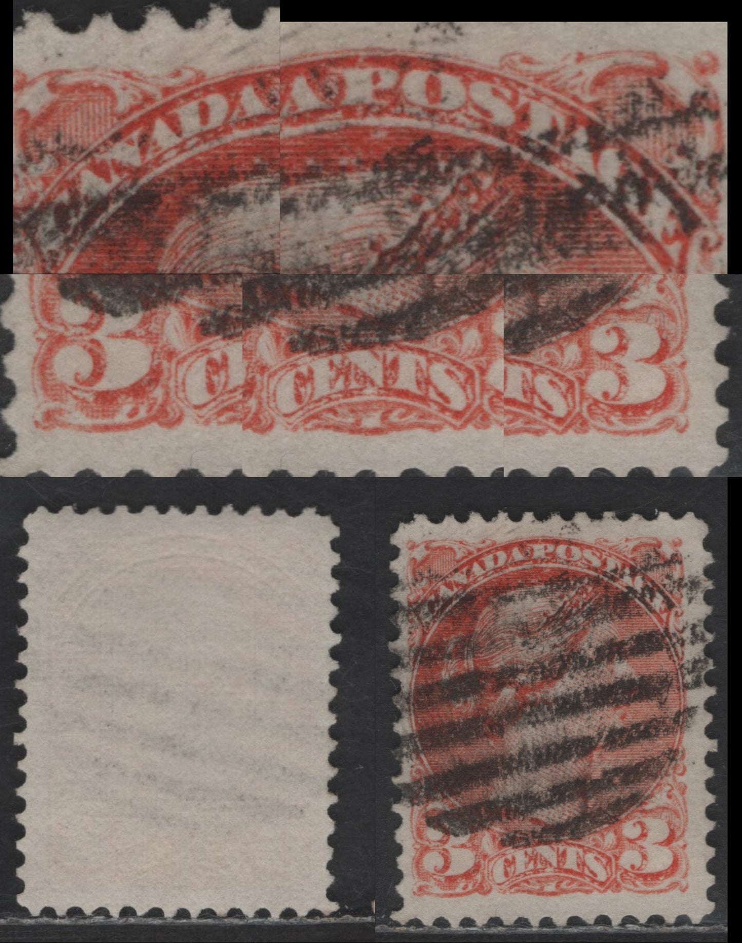 Lot 440 Canada SC#37var 3c Reddish Orange Queen Victoria, 1870-1893 Small Queen Issue, A Fine Used Single, Late Montreal Printing, Paper LM-R, No Pos. Dot, Perf 12.2x12, Extensive Dry Inking