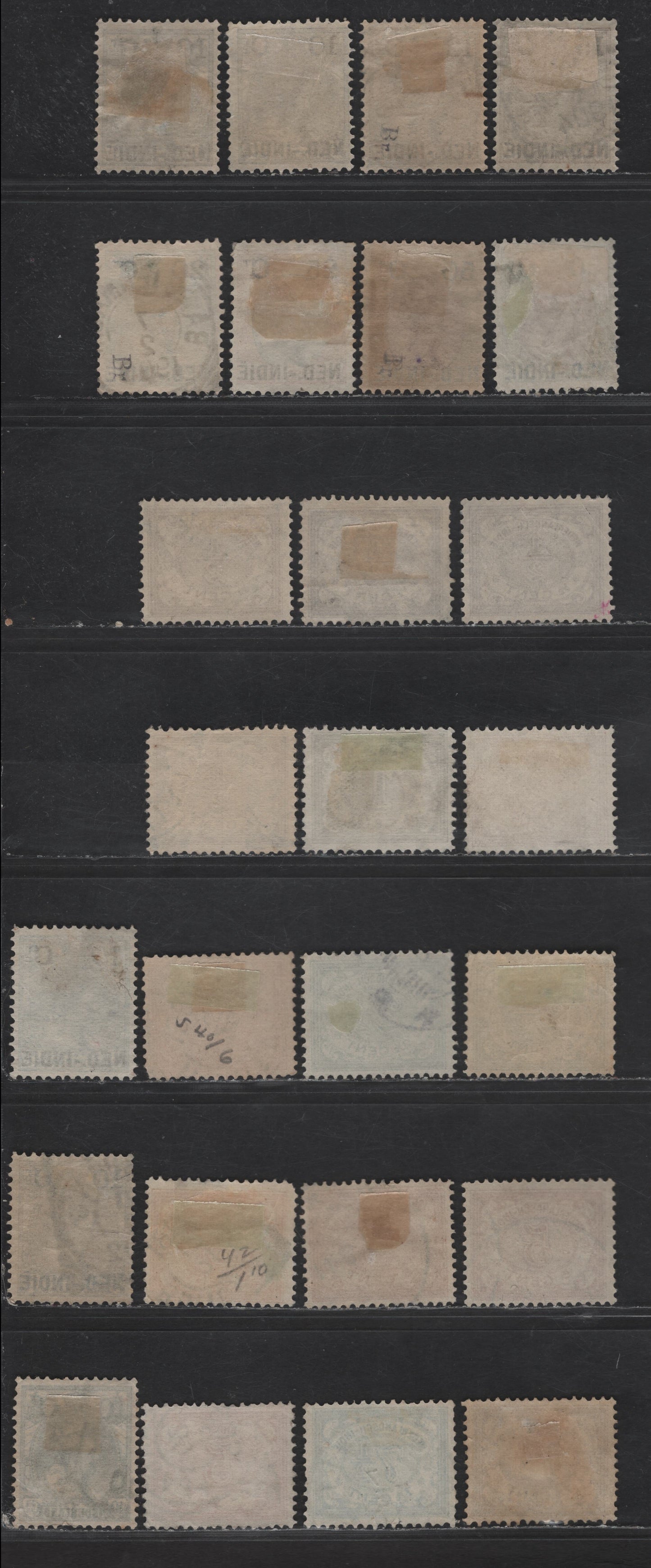 Netherlands Indies SC#31-36, 38-42, 44-45 10c on 10c - 7.5c Gray Lilac - Gray Queen Wilhelmina, 1900-1909 Overprinted Queen Wilhelmina Issue, 24 Fine/Very Fine Used Singles, Numerals With Cross Hatched Background, Numerous Unlisted Shades