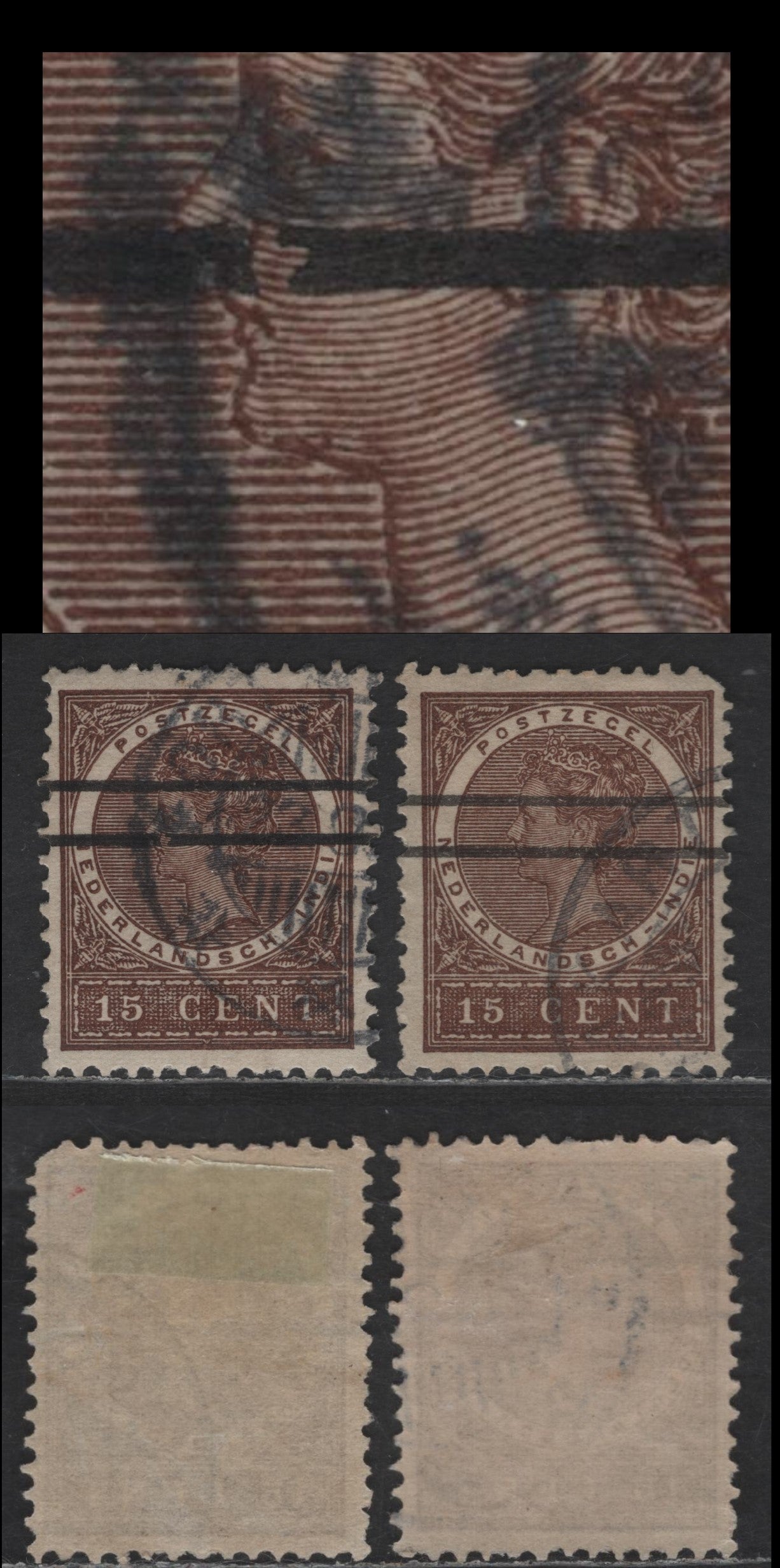 Netherlands Indies SC#50avar 15c Chocolate Queen Wilhelmina, 1903-1908 Queen Wilhelmina Issue, 2 Very Fine Used Singles, Overprint of Bars On Stamp, One Showing Unlisted Broken Lower Bar