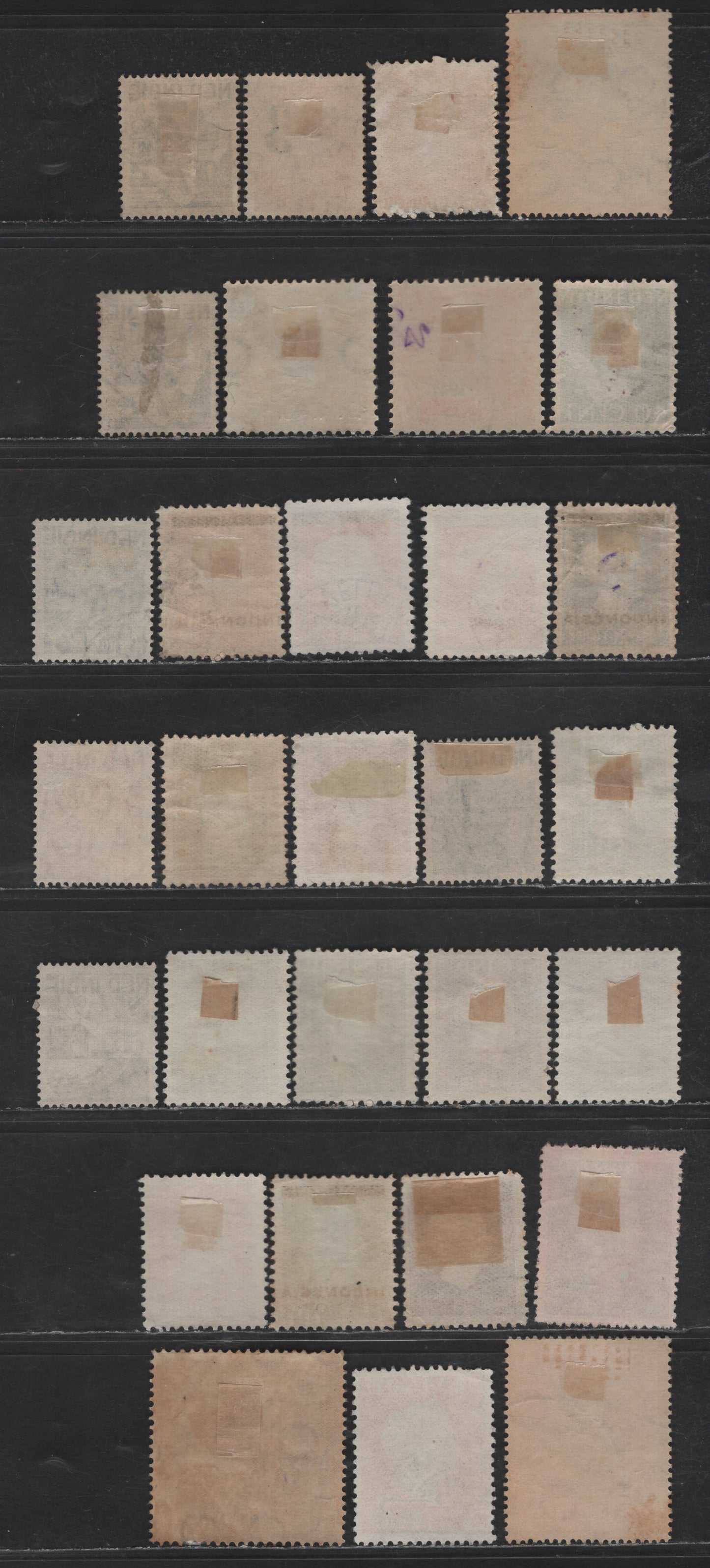 Lot 240 Netherlands Indies SC#264-272, 276, 281-288, 291, 293a-b, 294-295, 294a, 296-299 2c - 50c Black Brown - Red Brown Queen Wilhelmina - Scenes, 1946-1948 Reconstruction - Overprinted Issues, 30 Fine/Very Fine Used Singles, Overprint Types 1 & 2