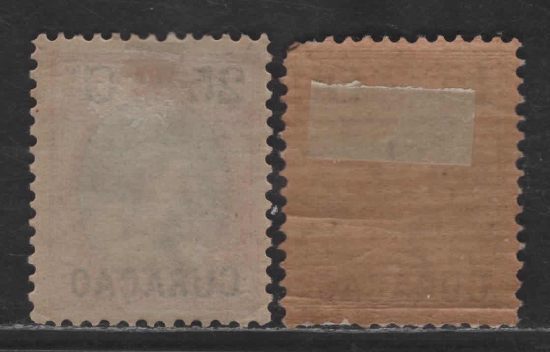 Lot 303 Netherlands Antilles SC#27, 29 25c on 25c - 12.5c on 12.5c Rose Pink & Blue - Blue Queen Wilhelmina, 1902 Overprinted Queen Wilhelmina Issue, 2 FOG Singles, Cat Price Is For No Gum