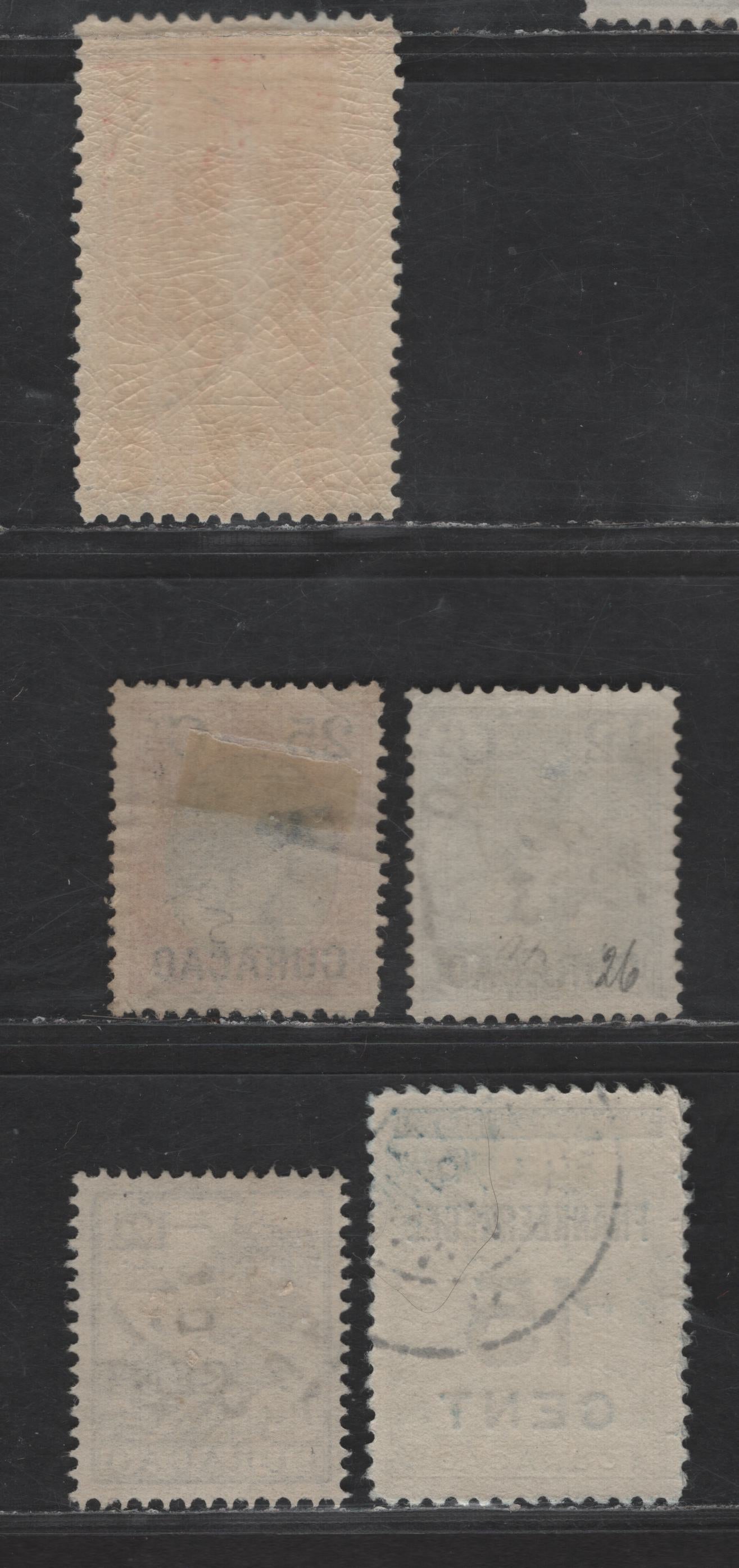 Lot 305 Netherlands Antilles SC#27, 29, 77, 74, 90 25c on 25c - 15c on 1.5g Rose Pink & Blue - Dark Blue Queen Wilhelmina - Marine Insurance, 1902-1927 Overprinted Queen Wilhelmina & Marine Insurance Issues, 5 Fine/Very Fine Used Singles