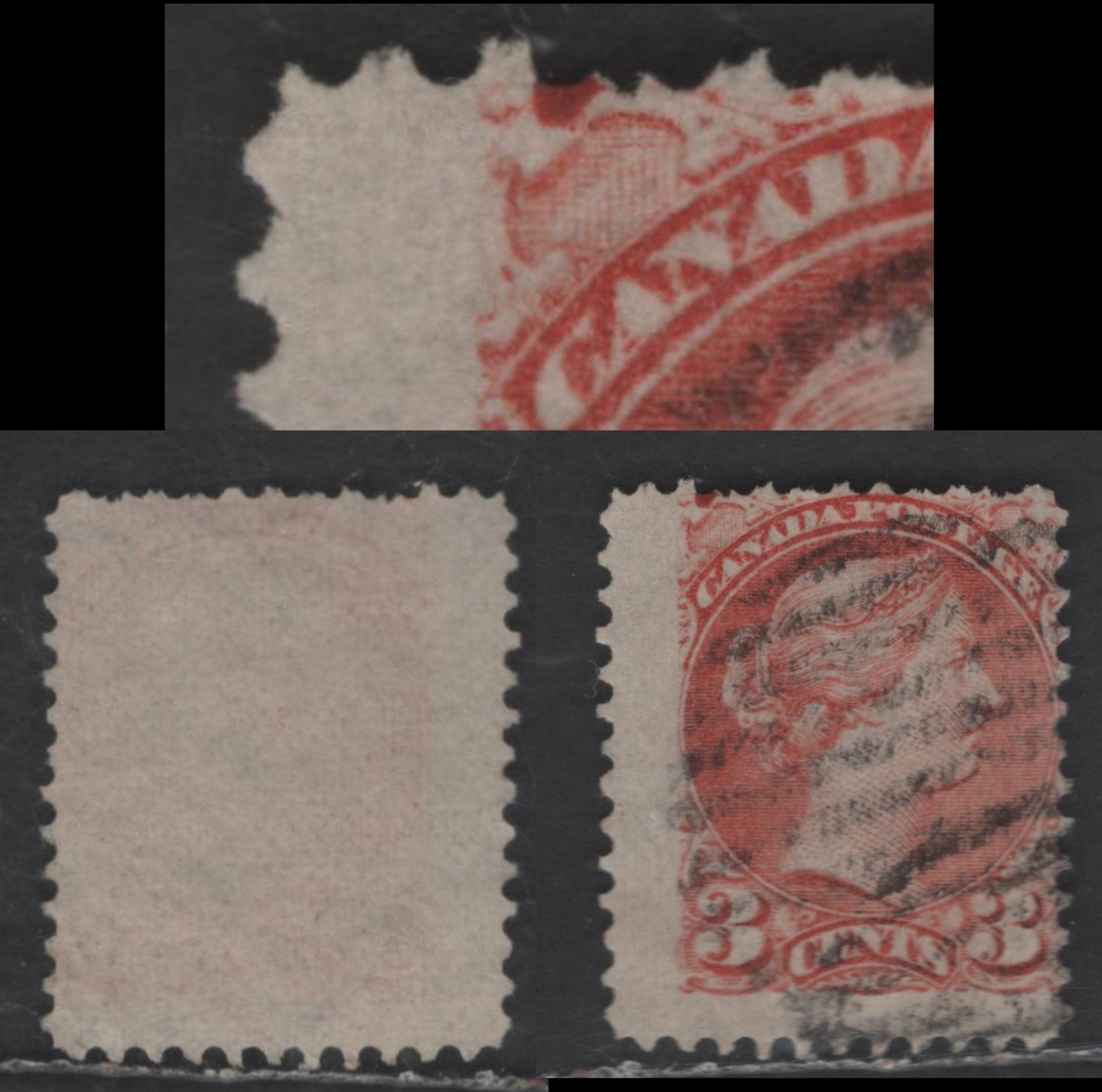 Lot 408 Canada SC#41var 3c Dull Vermillion Queen Victoria, 1870-1893 Small Queen Issue, A Good Used Single, Montreal Gazette Printing, Paper LM-O, Perf 12x12.25, Showing Burr on Upper Left Ornament