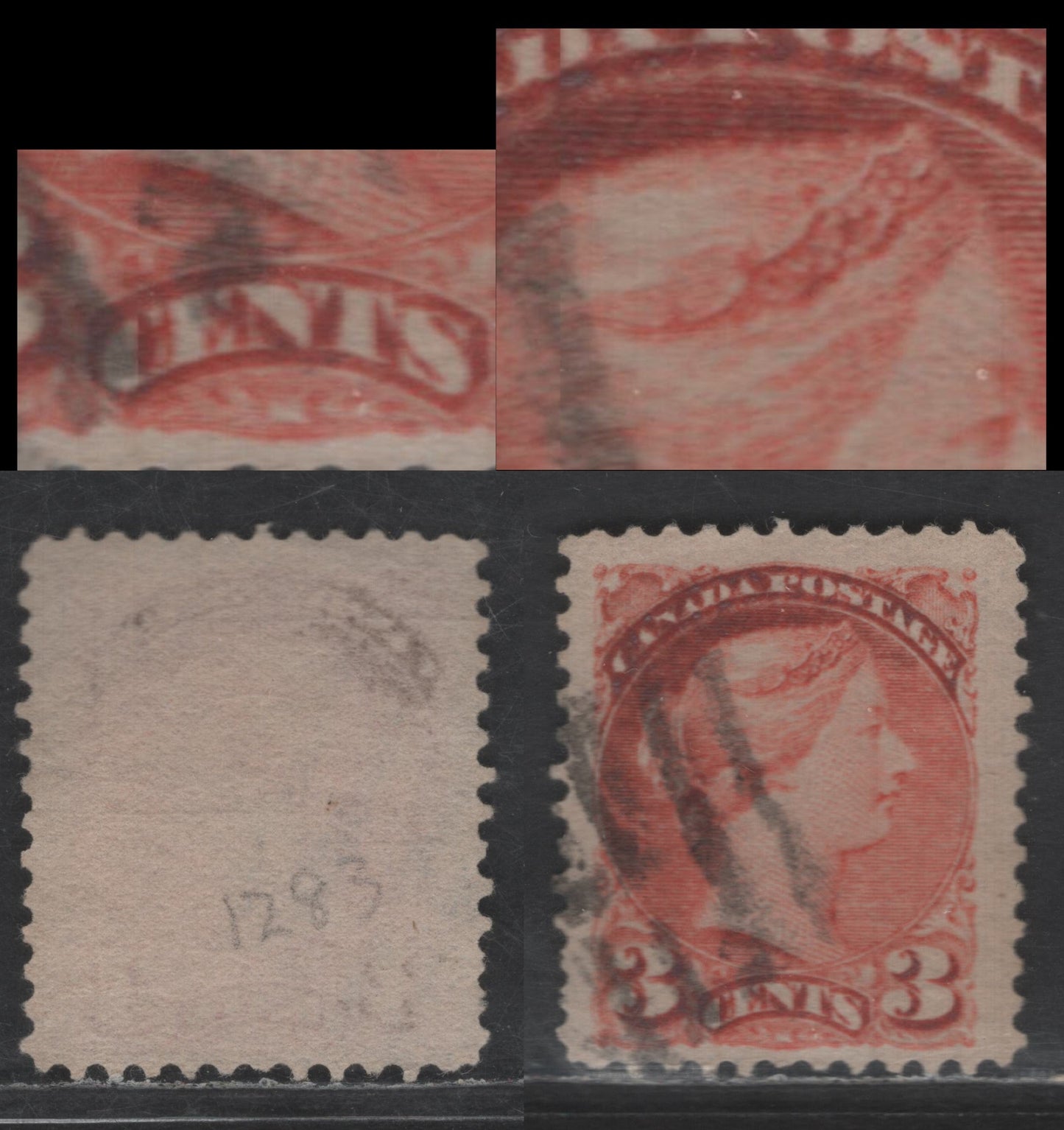 Lot 422 Canada SC#41var 3c Vermillion Queen Victoria, 1870-1893 Small Queen Issue, A Fine Used Single, Montreal Gazette Printing, Paper 2O-C, Perf 12, Showing Re-Entry Below & Above "Canada" & In Left 3