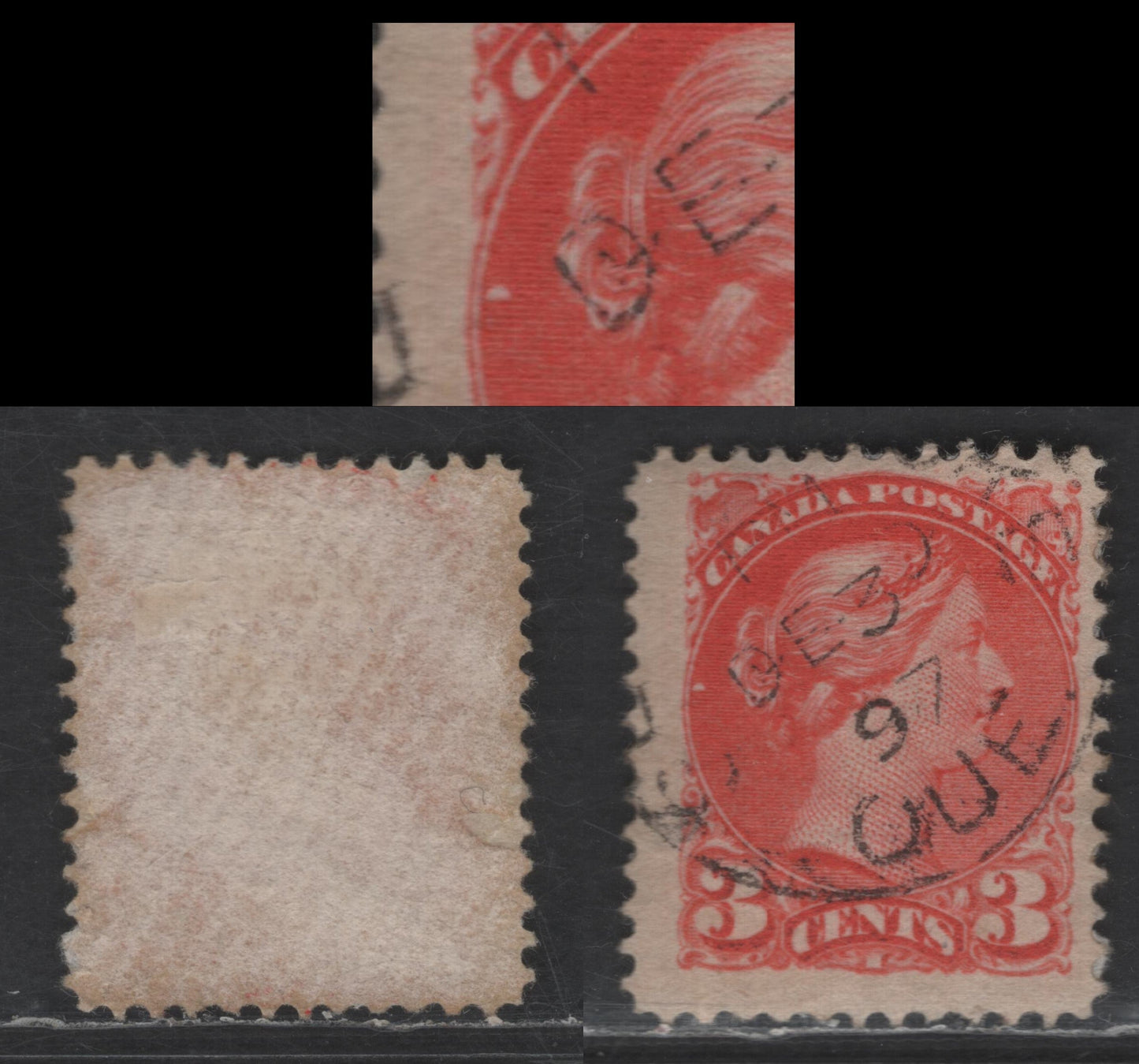 Lot 424 Canada SC#41var 3c Deep Vermillion Queen Victoria, 1870-1893 Small Queen Issue, A Fine Used Single, Late Second Ottawa Printing, Paper 2O-C, Perf 12.2, Unlisted White Blemish To Left Of Chignon
