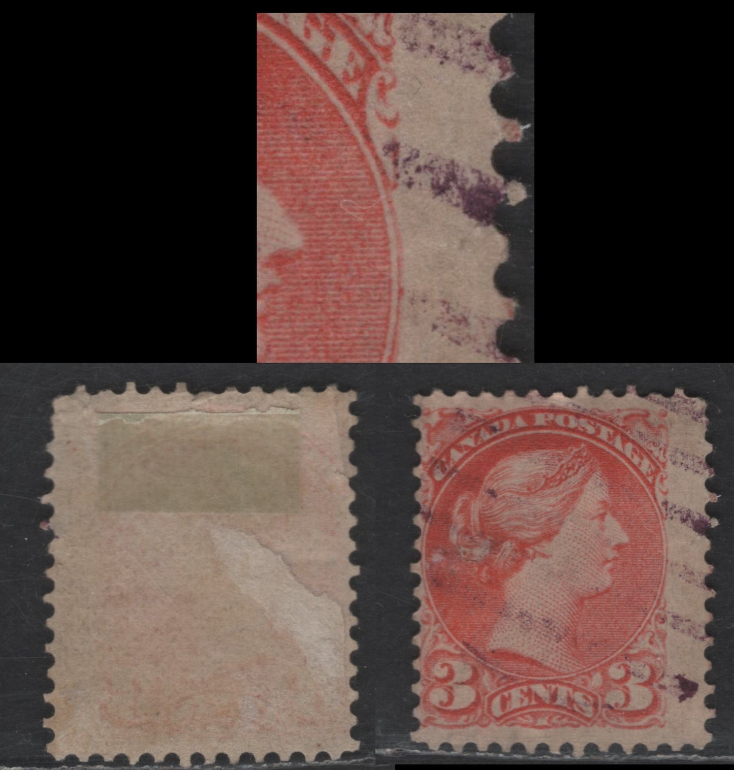 Lot 425 Canada SC#41var 3c Vermillion Queen Victoria, 1870-1893 Small Queen Issue, A Very Good Used Single, Early Second Ottawa Printing, Paper LM-O, Perf 12x12.25, Medallion Dot At 3 O'Clock