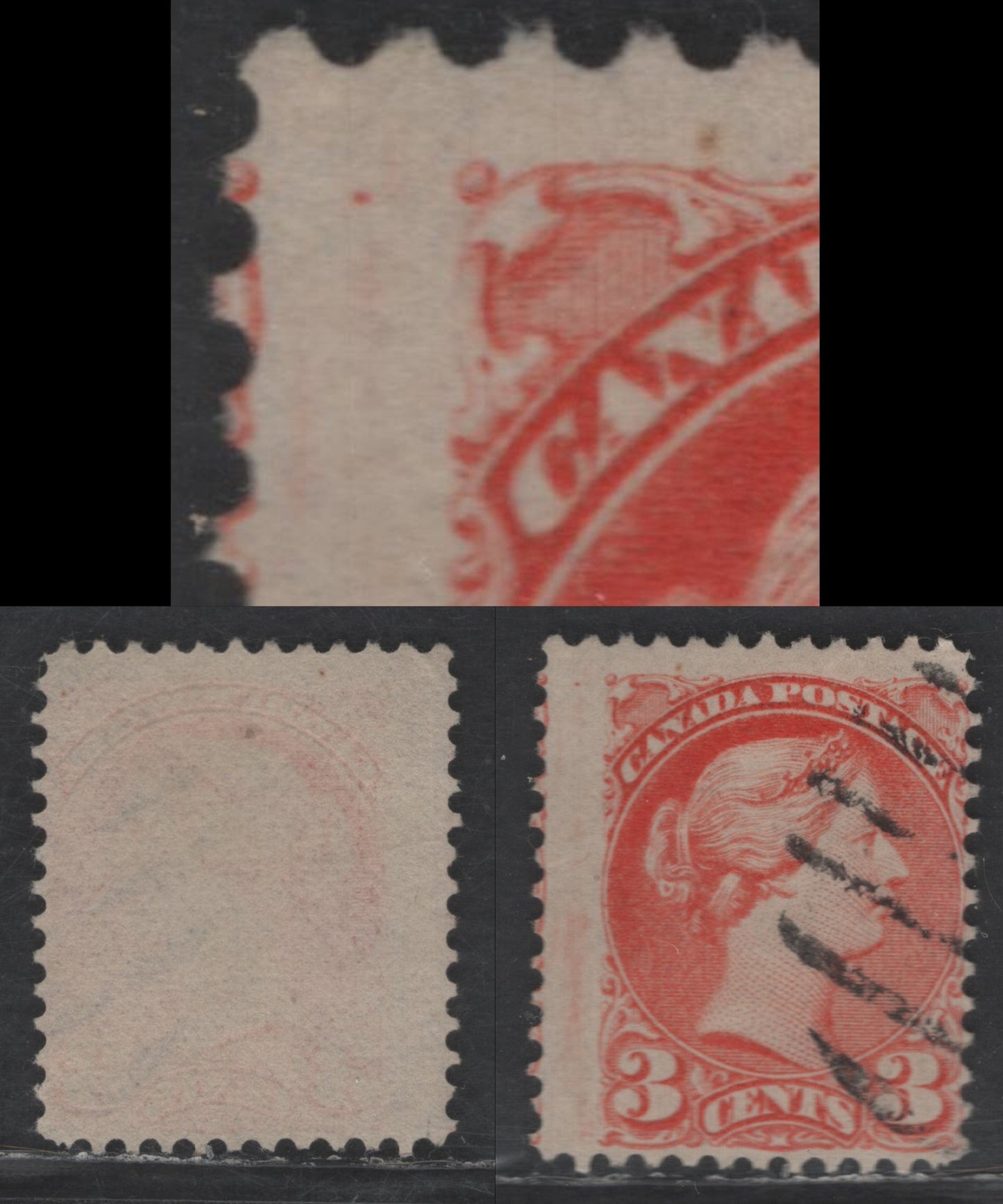 Lot 429 Canada SC#41var 3c Orange Queen Victoria, 1870-1893 Small Queen Issue, A Fine Used Single, Early Second Ottawa Printing, Paper LM-D, Perf 12.1x12.2, Tiny Position Dot In UL Margin