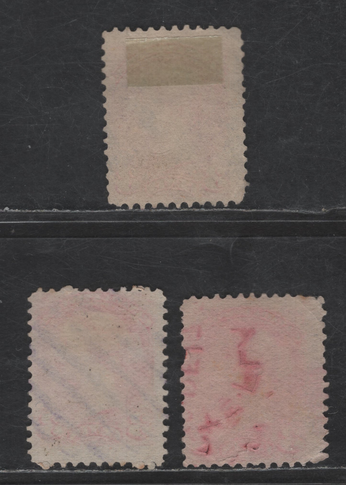 Lot 433 Canada SC#41 3c Pale Dull Orange Vermillion Queen Victoria, 1870-1893 Small Queen Issue, 3 Good & Fine Used Singles, Mid Montreal Printings, Papers 2O-E, 2O-N & 2O-U, Various Perfs & Colored Cancels (Red, Purple & Blue)