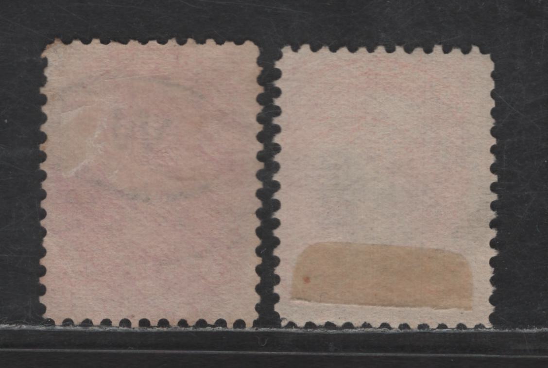 Lot 436 Canada SC#41var 3c Deep Orange Vermillion & Pale Dull Orange Vermillion Queen Victoria, 1870-1893 Small Queen Issue, 2 Very Good/Fine Used Singles, Mid to Late Second Ottawa Printings, Papers 2O-K & 2O-N, Perfs 12x12.1 & 12, Unusual Cancels