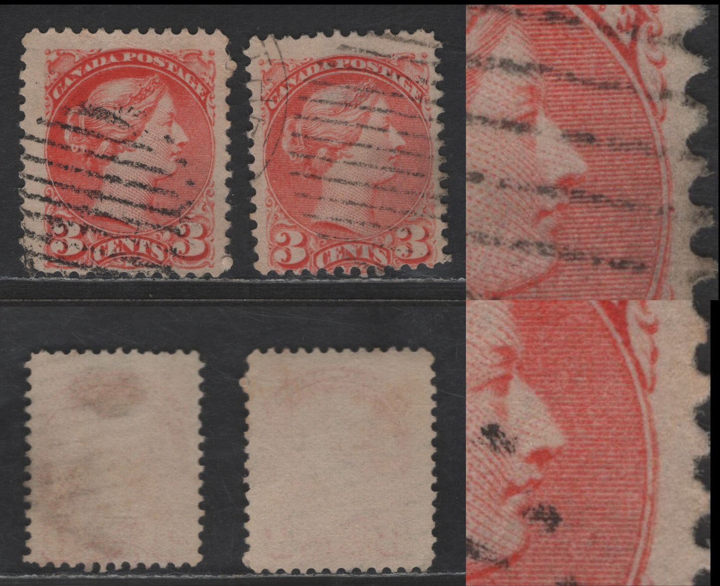 Lot 442 Canada SC#41 3c Vermillion & Dull Vermillion Queen Victoria, 1870-1893 Small Queen Issue, 2 Very Good/Fine Used Singles, Mid to Late Second Ottawa Printings, Paper 2O-F, Medallion Dot at 3 O'Clock, Perfs 11.9x12 & 11.9x12.1