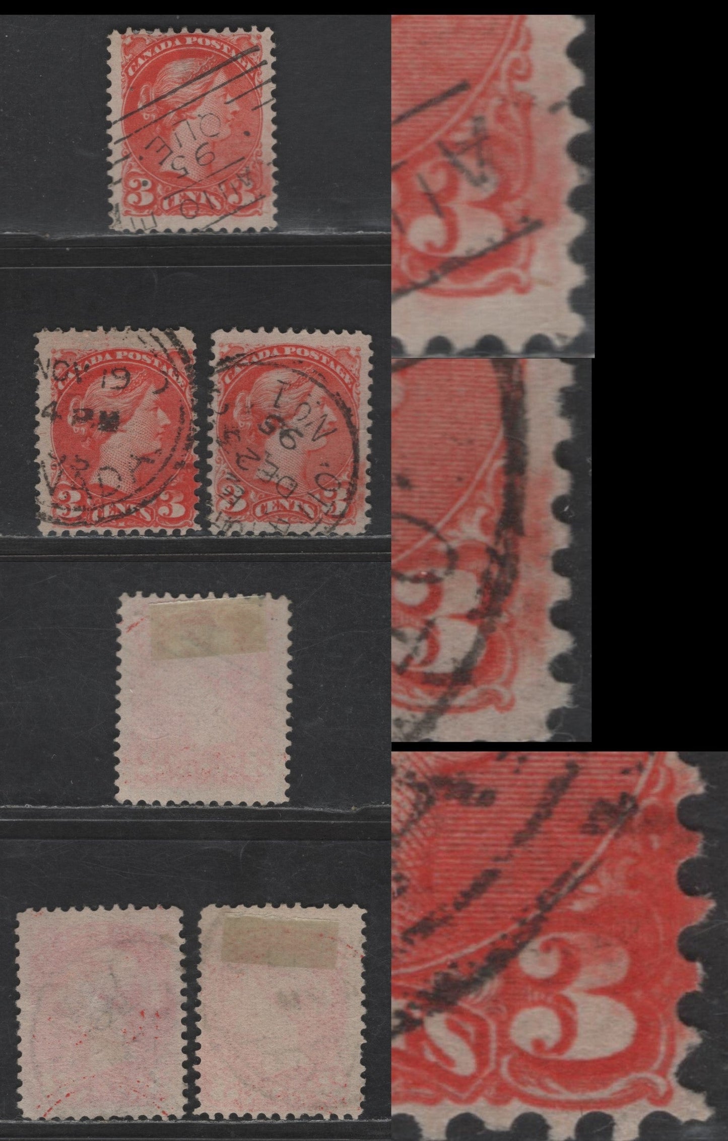 Lot 445 Canada SC#41var 3c Vermillion & Orange Vermillion Queen Victoria, 1870-1893 Small Queen Issue, 3 Fine/Very Fine Used Singles, Mid Second Ottawa Printings, Papers 2O-O & 2O-N, Perfs 12 & 12x12.1, All Showing Ink Smudges To The Right Of The Right 3