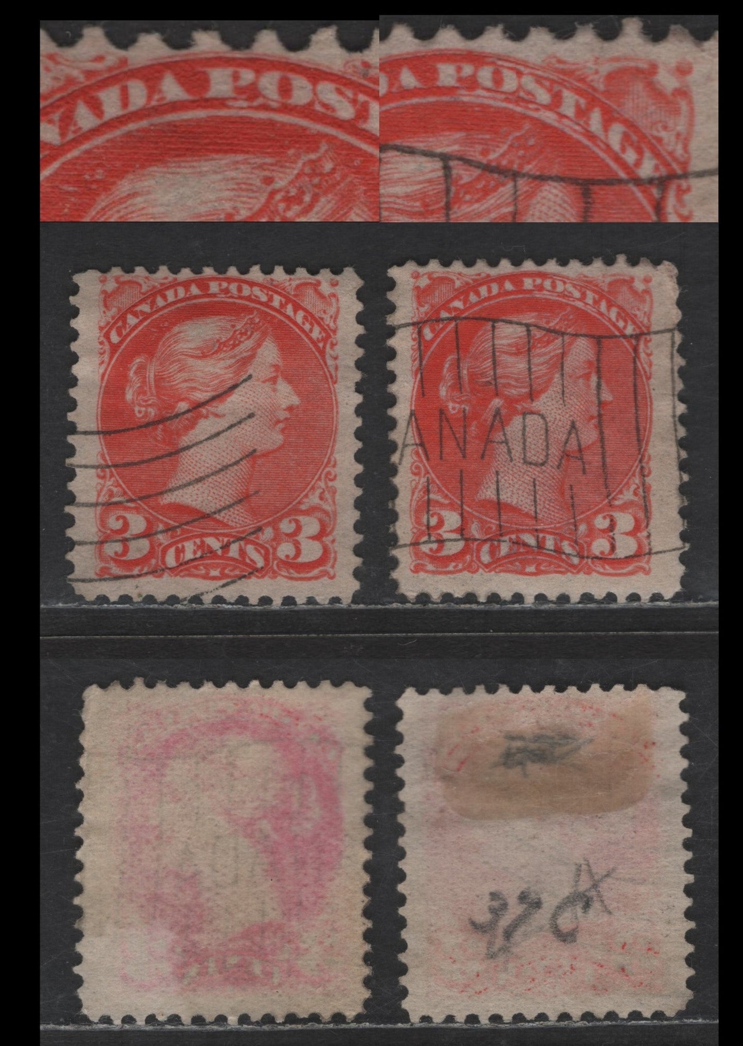 Lot 448 Canada SC#41var 3c Vermillion & Aniline Orange Vermillion Queen Victoria, 1870-1893 Small Queen Issue, 2 Fine Used Singles, Late Second Ottawa Printings, Papers 2O-AA, Perfs 12x12.1 & 11.9x12.1, Dry Inking Above & Below Canada Postage