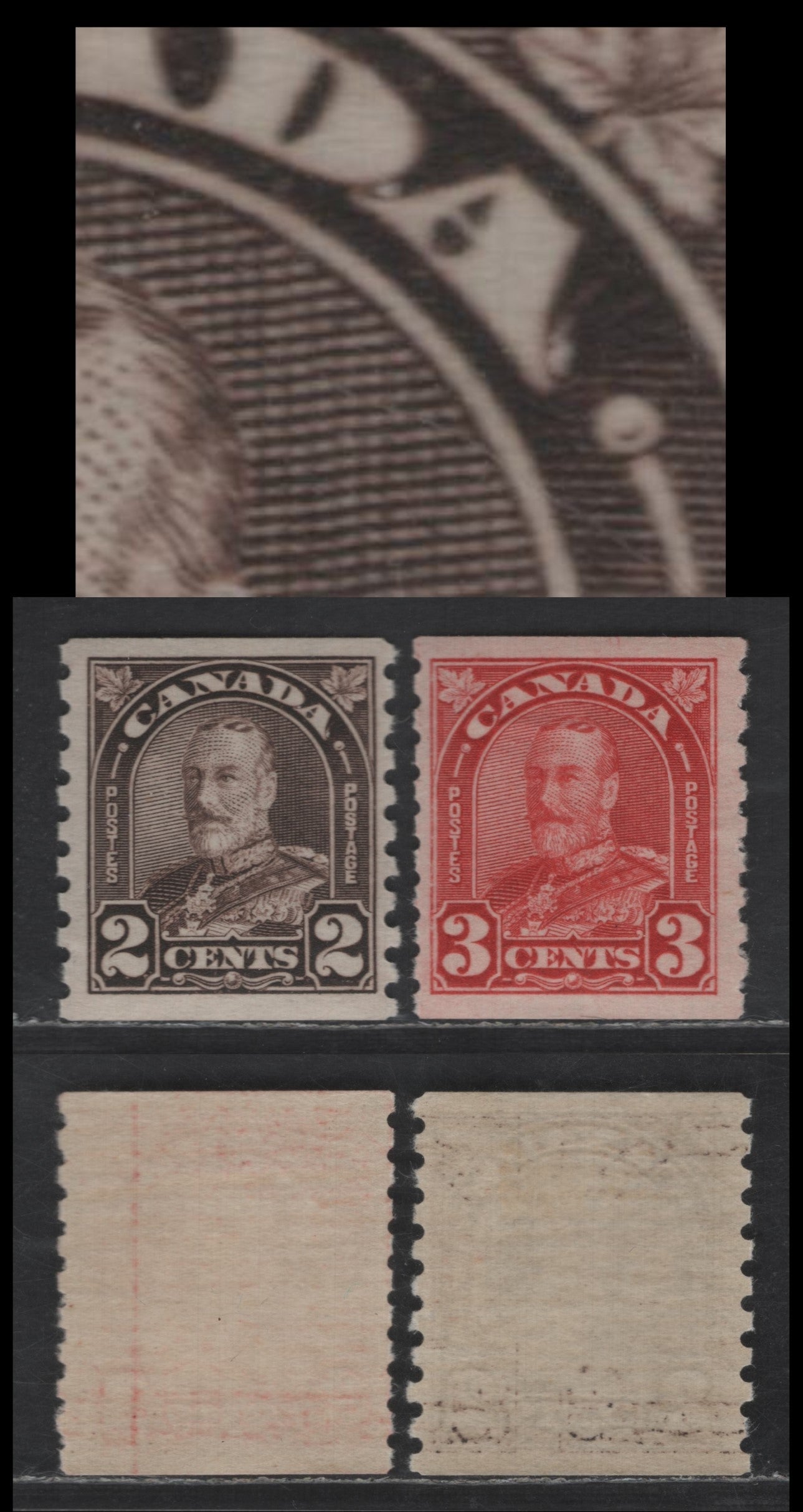 Lot 122 Canada SC#182var, 183 2c - 3c Dark Brown - Deep Red King George V, 1930-1931 Arch/Leaf Coil Issue, 2 FOG Singles, Perf 8.5 Vertical, 2c Shows Small Die Flaw Next To 'A' Of Canada