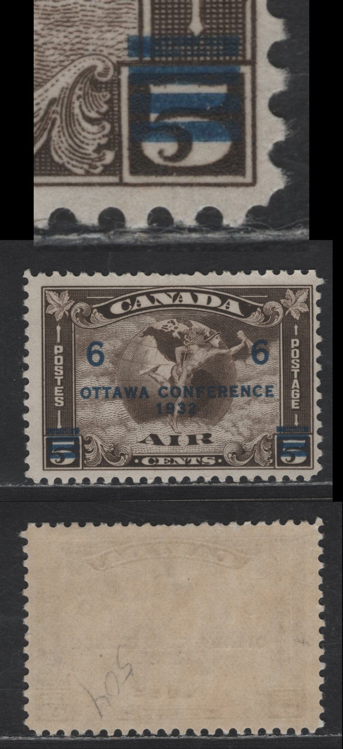 Lot 133 Canada SC#C4var 6c on 5c Olive Brown Mercury With Scroll, 1932 Airmail Issue, A FNH Single, Overprint Shifted Upward (Top Bar Above 'S'), Semi Glossy Gum