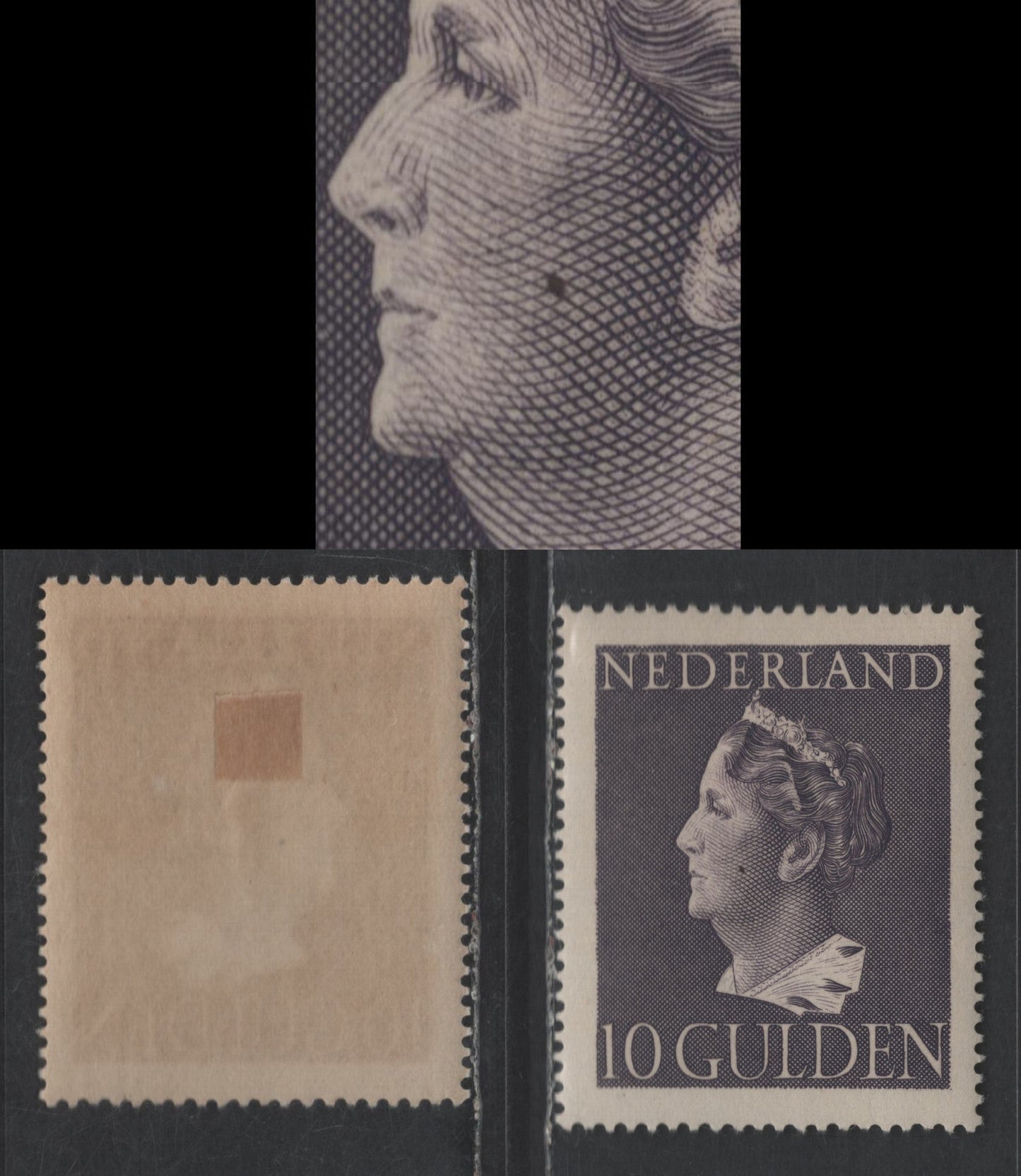 Lot 252 Netherlands SC#281 10g Dark Purple Queen Wilhelmina, 1946 Queen Wilhelmina Issue, A VFOG Single, Showing Unlisted 'Mole on Cheek' Variety