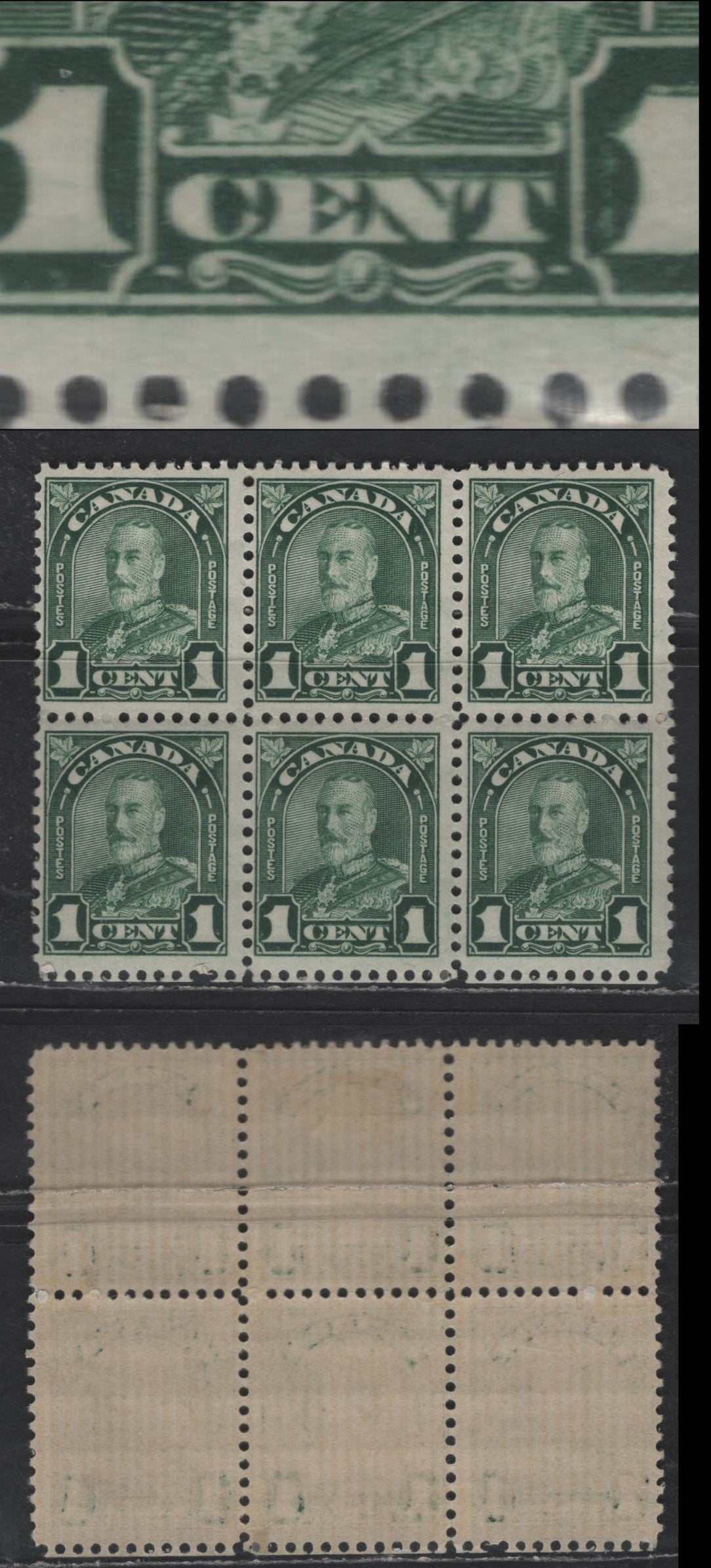 Lot 3 (C) Canada SC#163ii 1c Deep Green King George V, 1930-1931 Arch/Leaf Issue, A FOG Block Of 6, Re-Entry Bottom Center
