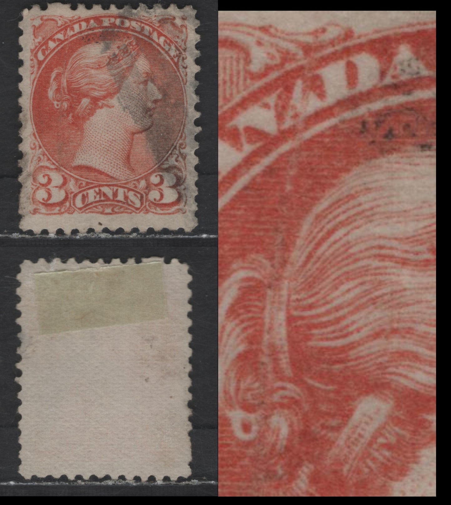Lot 45 Canada SC#37 3c Dull Red Orange Queen Victoria, 1870-1893 Small Queen Issue, A Fine Used Single, Mid Montreal Printing From Left Column Of the Sheet, Paper MM-I, Large Scratch Through School, A of Canada & Medallion, Unlisted