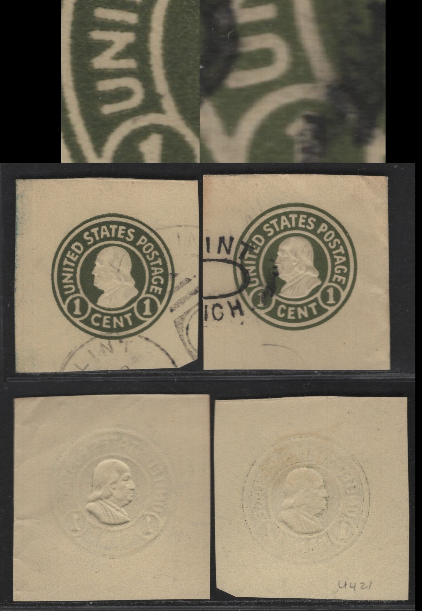 Lot 100 United States SC#U421-a 1c Green Franklin, 1915-1932 Heads Issue, Very Fine Used Singles, Amber Dies 1 & 2, Showing Normal 'U' and Large 'U' in United
