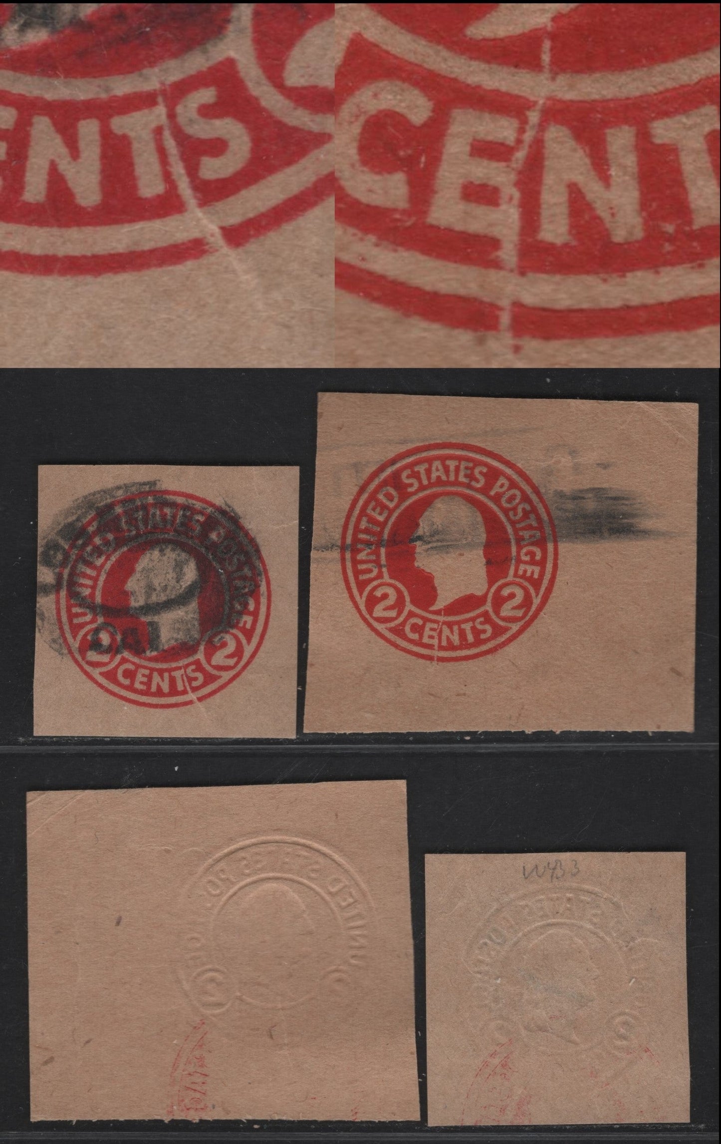 Lot 108 United States SC#W433var, W434var 2c Carmine Washington, 1915-1932 Heads Issue, Fine/Very Fine Unused Singles, Wrappers on Manilla & Glazed Brownish Paper, Cracks Through EN of Cents & T of Cents