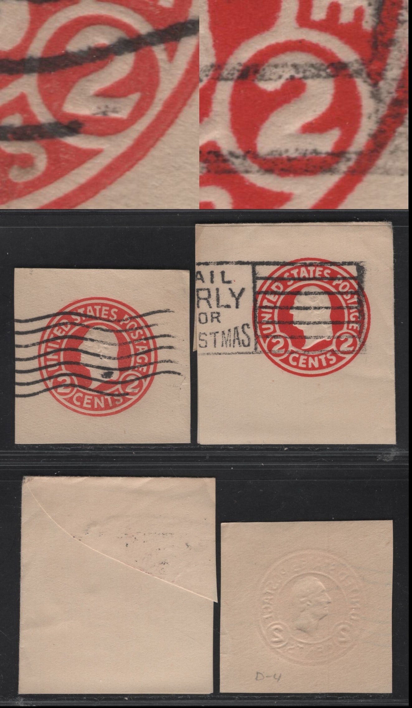 Lot 109 United States SC#U429c 2c Carmine Washington, 1915-1932 Heads Issue, Very Fine Used Singles, White Paper, Die 4, 2 Slopes Right On Right Side, left 2 Large & Upright With Die 1 For Comparison
