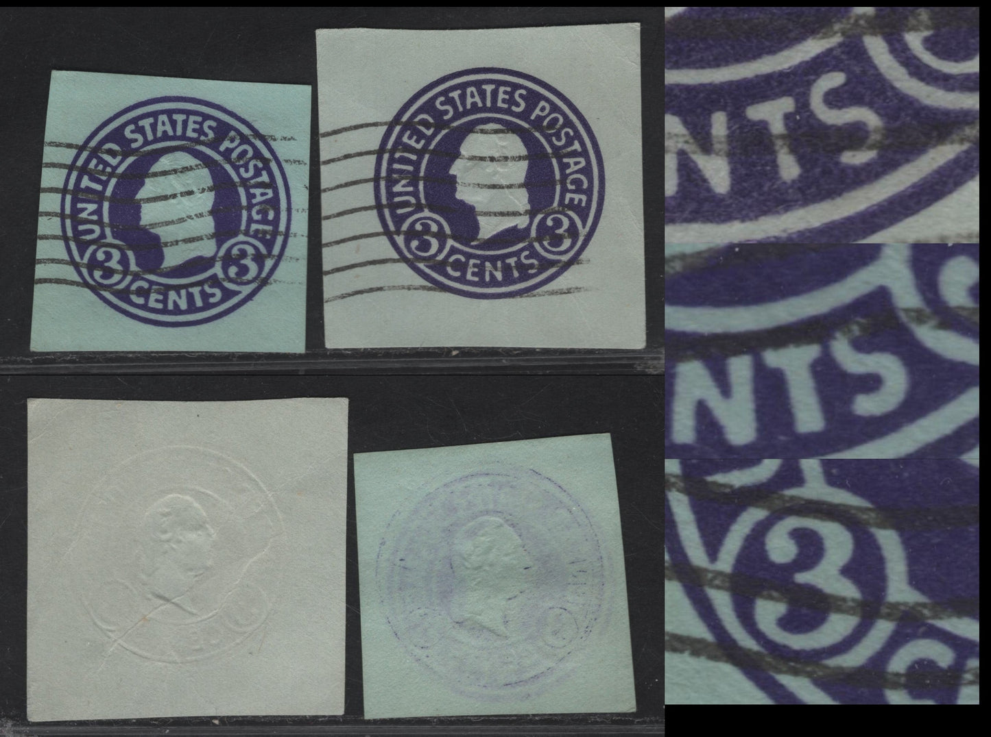 Lot 119 United States SC#U439b-c 3c Dark Violet Washington, 1915-1932 Heads Issue, 2 Fine/Very Fine Used Singles, Dies 5 & 6 on Blue