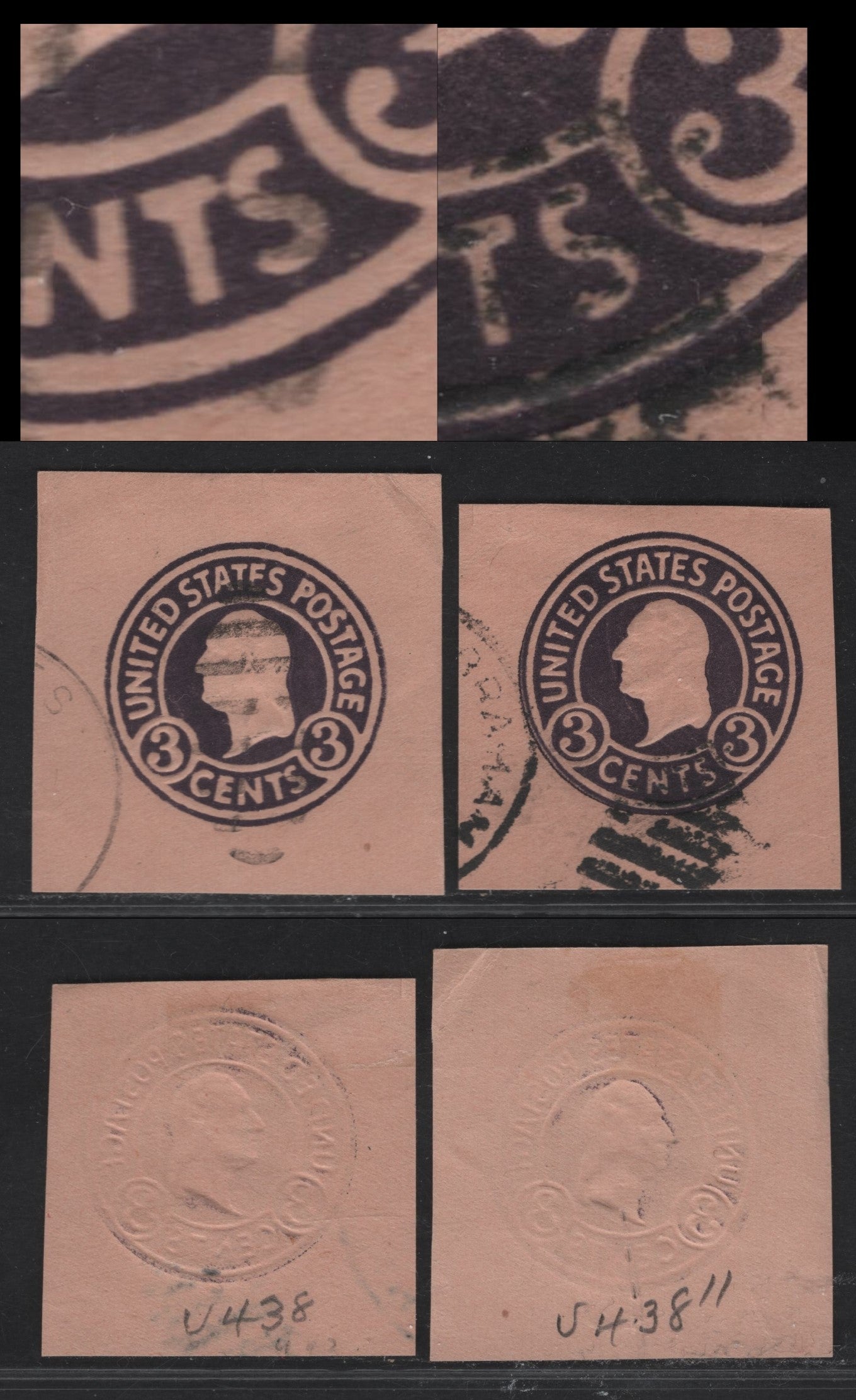 Lot 120 United States SC#U438a-b 3c Dark Violet Washington, 1915-1932 Heads Issue, 2 Fine/Very Fine Used Singles, Dies 5 & 6 On Oriental Buff