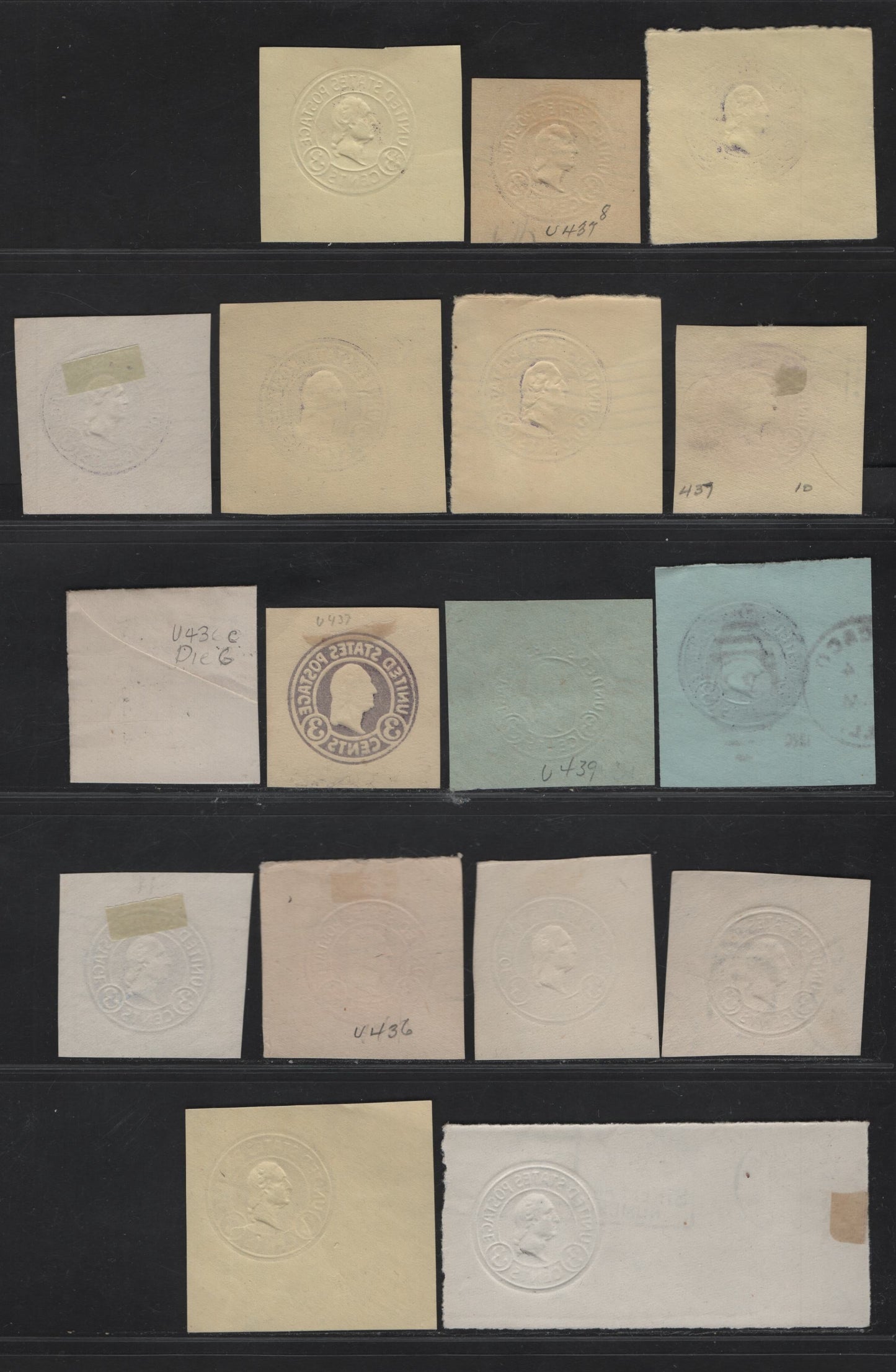 Lot 122 United States SC#U436,b,c,e,d,a, U437c,b,f,a, U439-a 3c Dark Violet - Purple Washington, 1915-1932 Heads Issue, Very Fine Used Singles, Various Papers & Dies