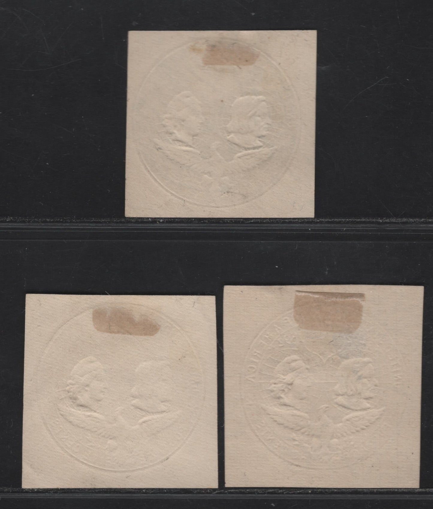 Lot 135 United States Of America SC#U349-U351 2c, 5c, 10c Violet, Brown & Slate Brown Columbus, Liberty & Eagle, 1893 Columbian Exposition Issue, 3 VF Cut Squares