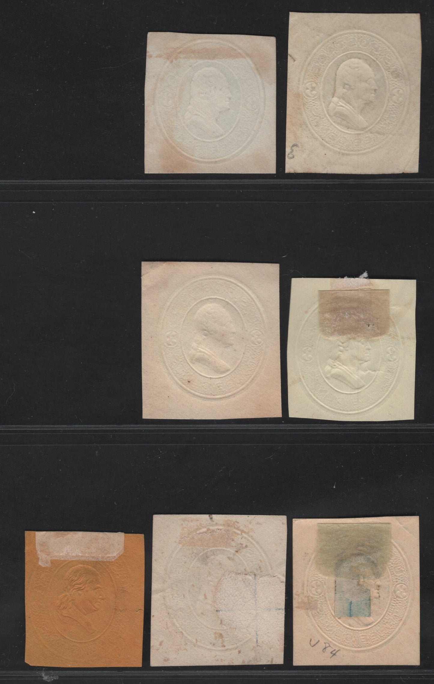 Lot 16 United States SC#U76, U82-U84 1c & 3c Dark Blue & Green Franklin - Washington, 1870-1871 Sixth Nesbitt Issue, 4 Fine Used Singles, Orange, White, Amber & Cream Papers
