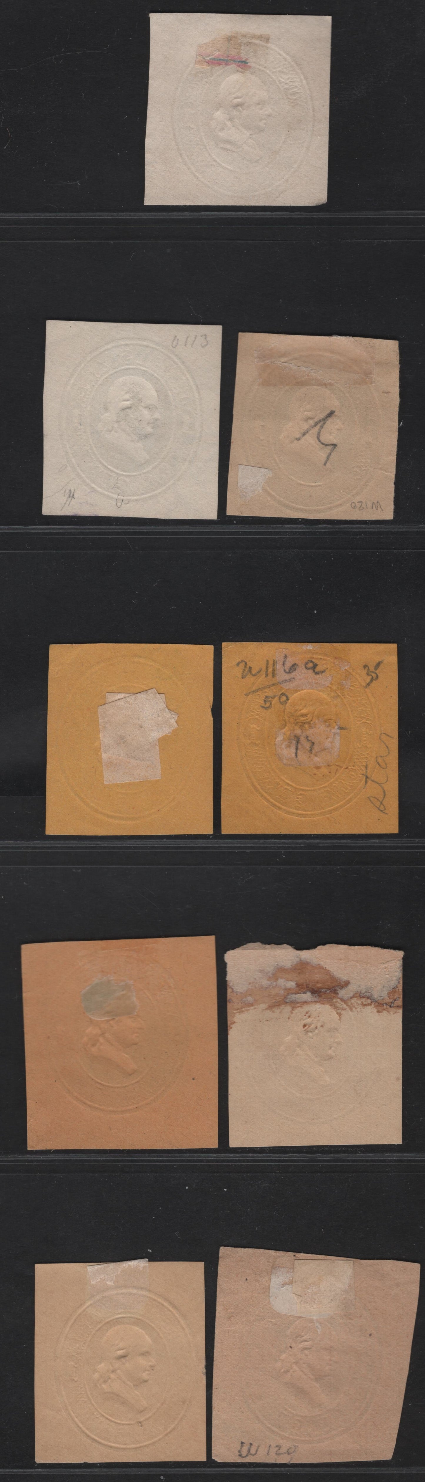 United States SC#U113-U116A, U118-U119, W120 1c Blue & Dark Blue Washington, 1874-1886 Seventh Nesbitt Issue, 8 Fine Used Singles, White, Cream, Orange, Fawn & Manilla Papers, Wrapper On Manilla