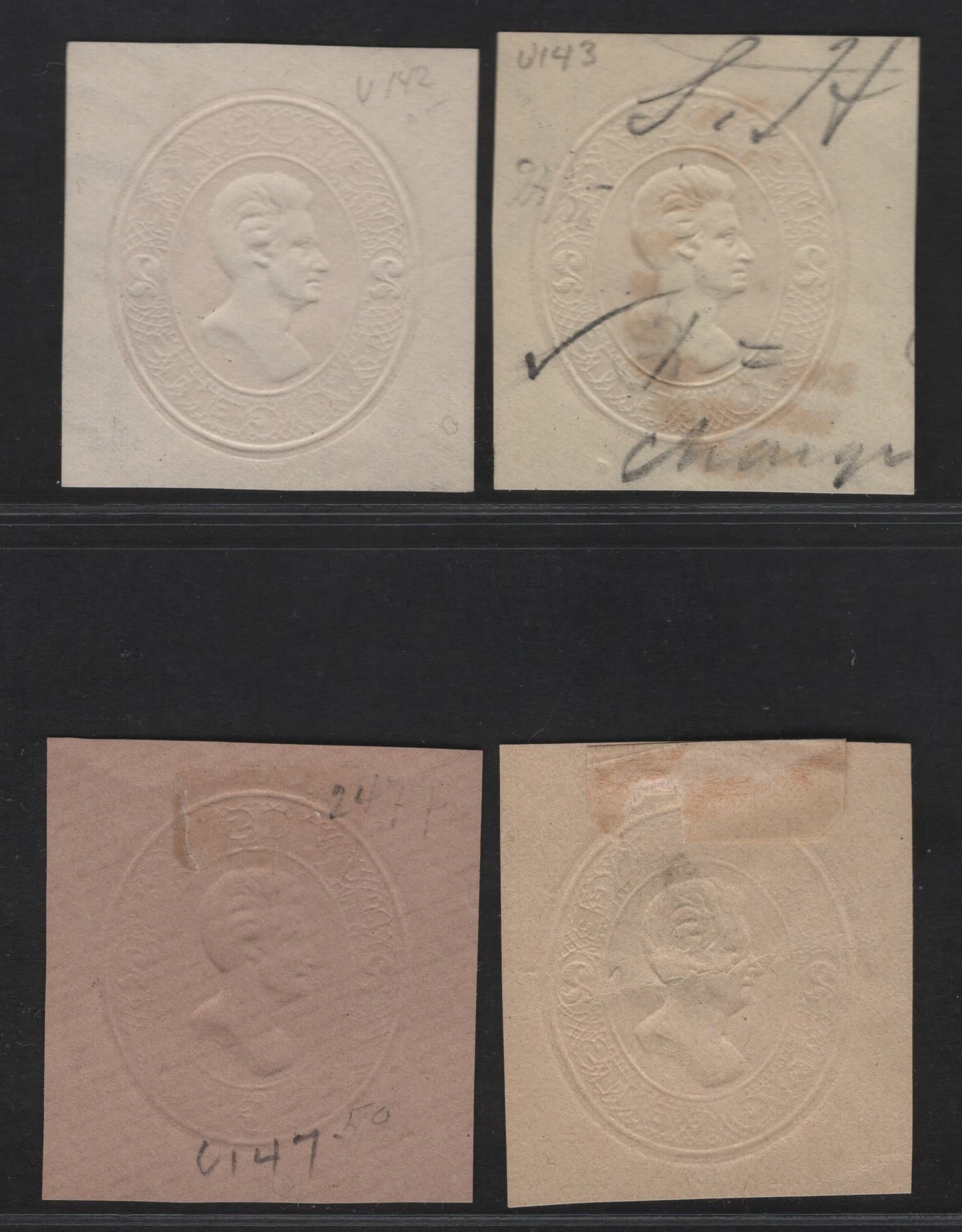 Lot 26 United States SC#U142-U143, U147, W148 2c Vermillion Jackson, 1874-1886 Seventh Nesbitt Issue, 4 Fine/Very Fine Used Singles, White, Amber & Fawn Papers, Wrapper On Manilla