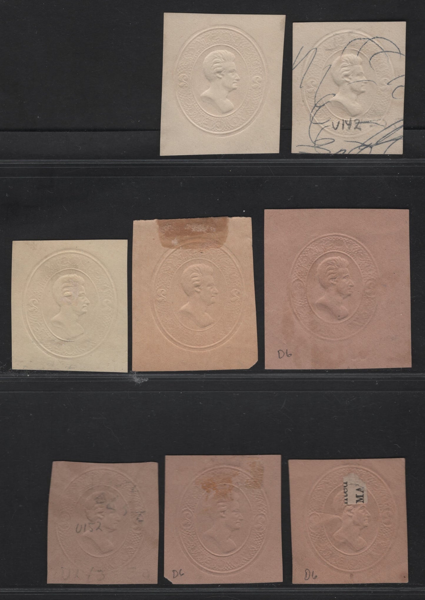 Lot 29 United States SC#U142-U144, U147, U152 2c Vermillion Jackson, 1874-1886 Seventh Nesbitt Issue, 5 Fine/Very Fine Used Singles, White, Amber, Cream & Fawn Papers, Design Type 2 On Fawn, 3 Shades