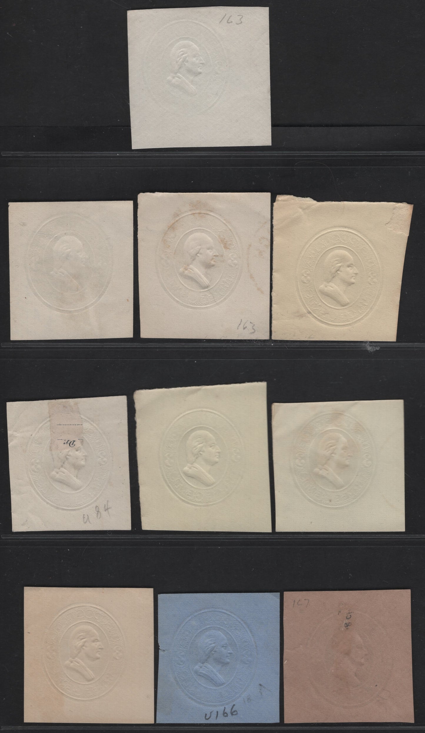 Lot 34 United States SC#U163-U167 3c Green Franklin, 1874-1886 Plimpton Issue, 12 Very Fine Used Singles, White, Amber, Cream, Blue & Fawn Papers, Thicker 3's With 4 Shades Of Green, 3 Shades Of The Amber