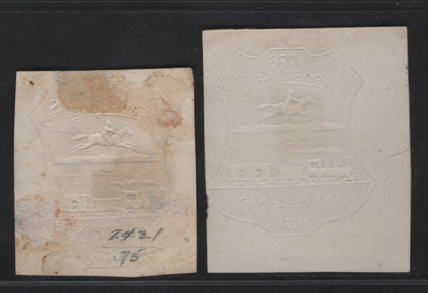 Lot 39 United States SC#U218-U219 3c Red & Green Crest, 1876 Centennial Issue, 2 Fine Used Singles