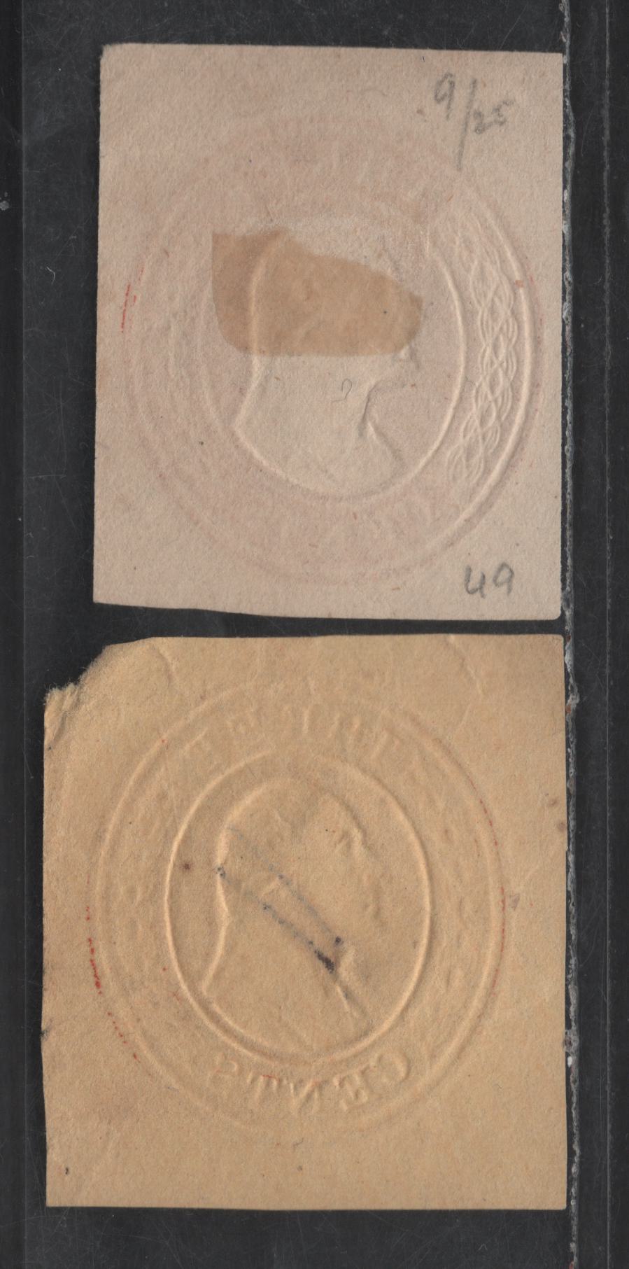 Lot 4 United States SC#U9, U9var 3c Red Washington, 1853-1855 Nesbitt Issue, 2 Fine Used Singles, White & Unlisted Pale Yellow Papers, 14.5mm Label At Top