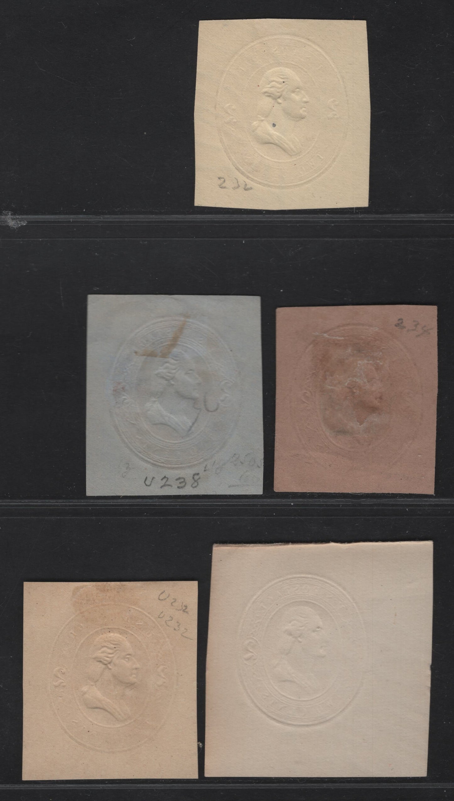 Lot 42 United States SC#U231-U234, W235 2c Red Washington, 1883-1886 Washington Issue, 5 Fine/Very Fine Used Singles, White, Amber, Blue, Fawn & Manilla Wrapper, Four Wavy Lines In Oval