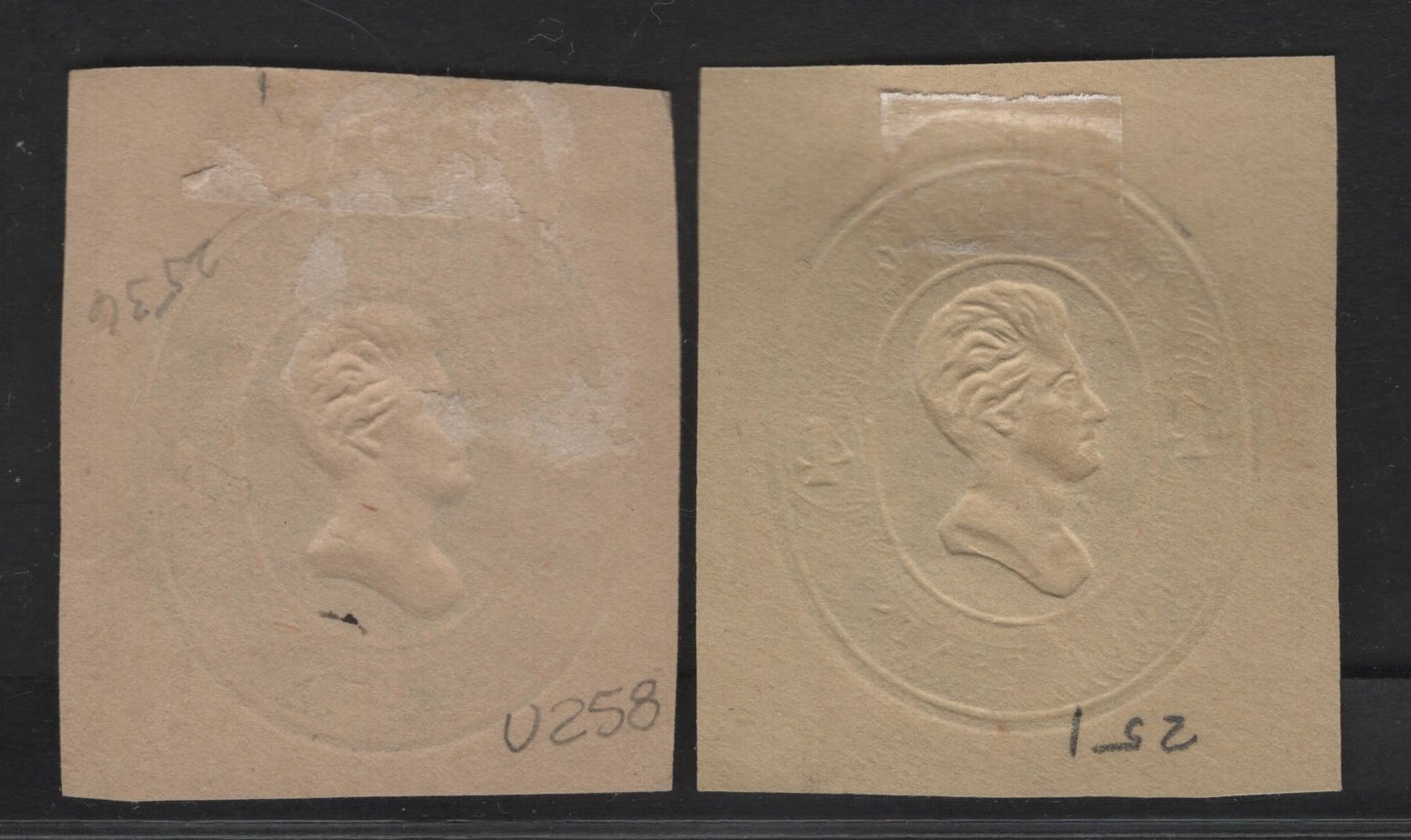 Lot 45 United States SC#U258-U259 4c Green Jackson, 1883-1886 Heads Issue, 2 Fine/Very Fine Unused Singles, Manilla & Amber Manilla, Die 2