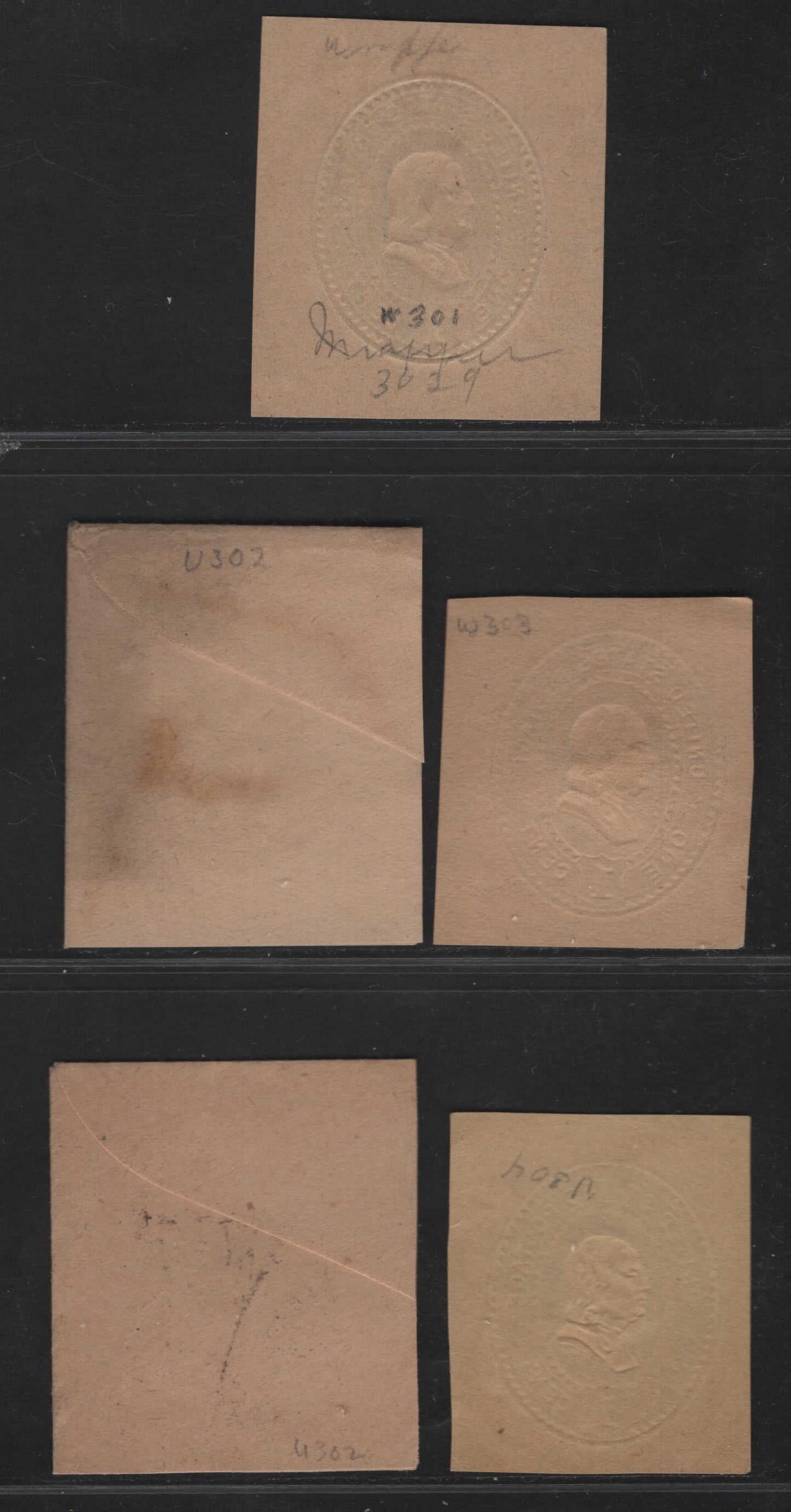 Lot 55 United States SC#U302, W303, U304 1c Dark Blue Franklin, 1887-1894 Heads Issue, 5 Fine/Very Fine Used Singles, Manilla, Wrapper on Manilla & Amber Manilla