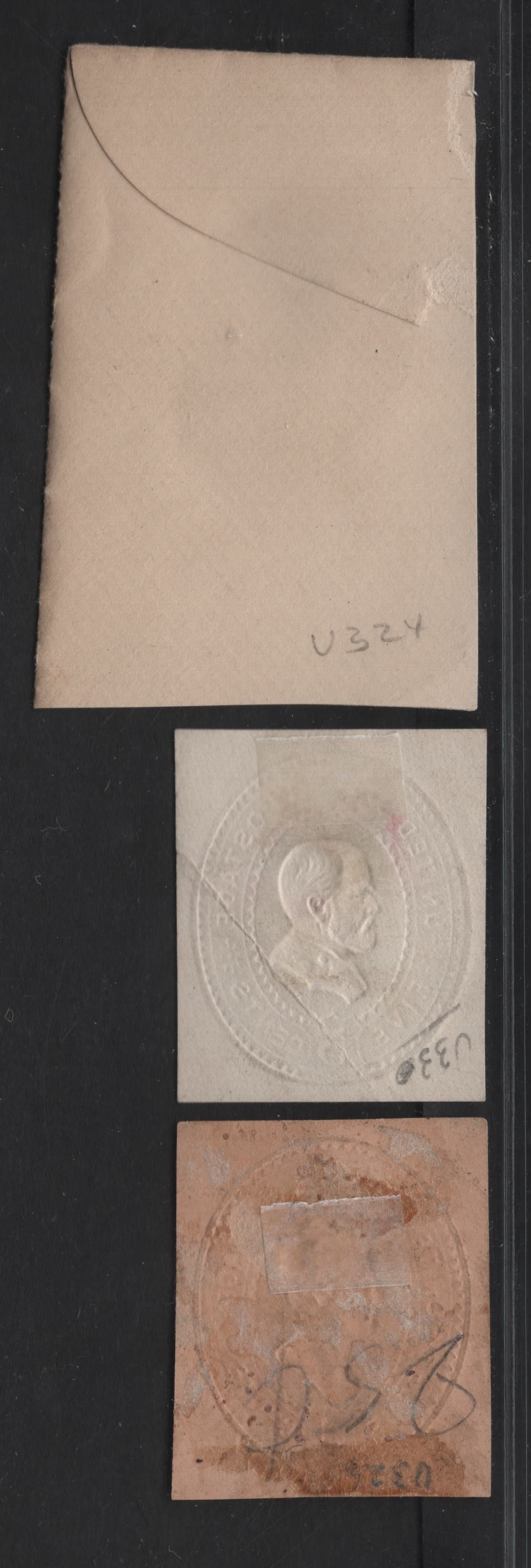 Lot 57 United States SC#U324, U326, U330 4c Carmine Jackson, 1887-1894 Heads Issue, 3 Very Good/Fine/Very Fine Unused Singles, White & Oriental Buff, Button on Coat, Light Diagonal Crease