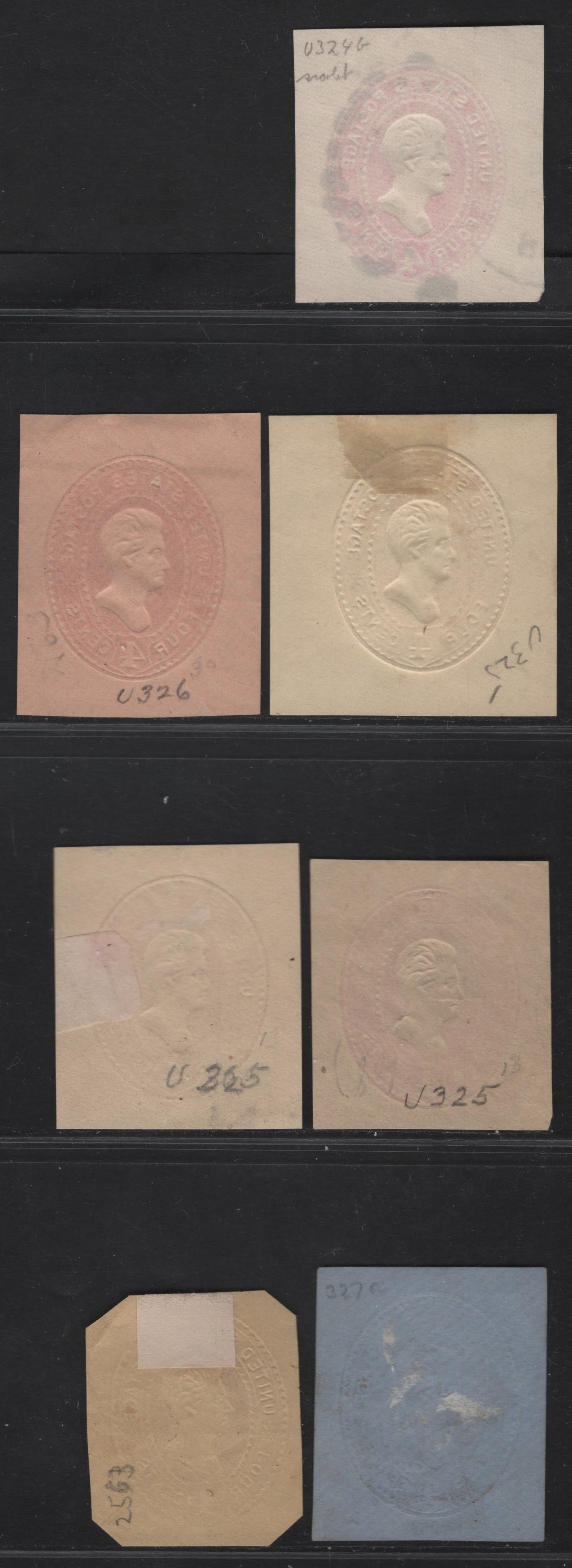 Lot 58 United States SC#U324b, U326a, U325, U328, U328b, U329a, U327 4c Scarlet, Lake, Pink & Carmine Jackson, 1887-1894 Heads Issue, 7 Fine/Very Fine Used Singles, White, Oriental Buff, Amber Manilla & Blue
