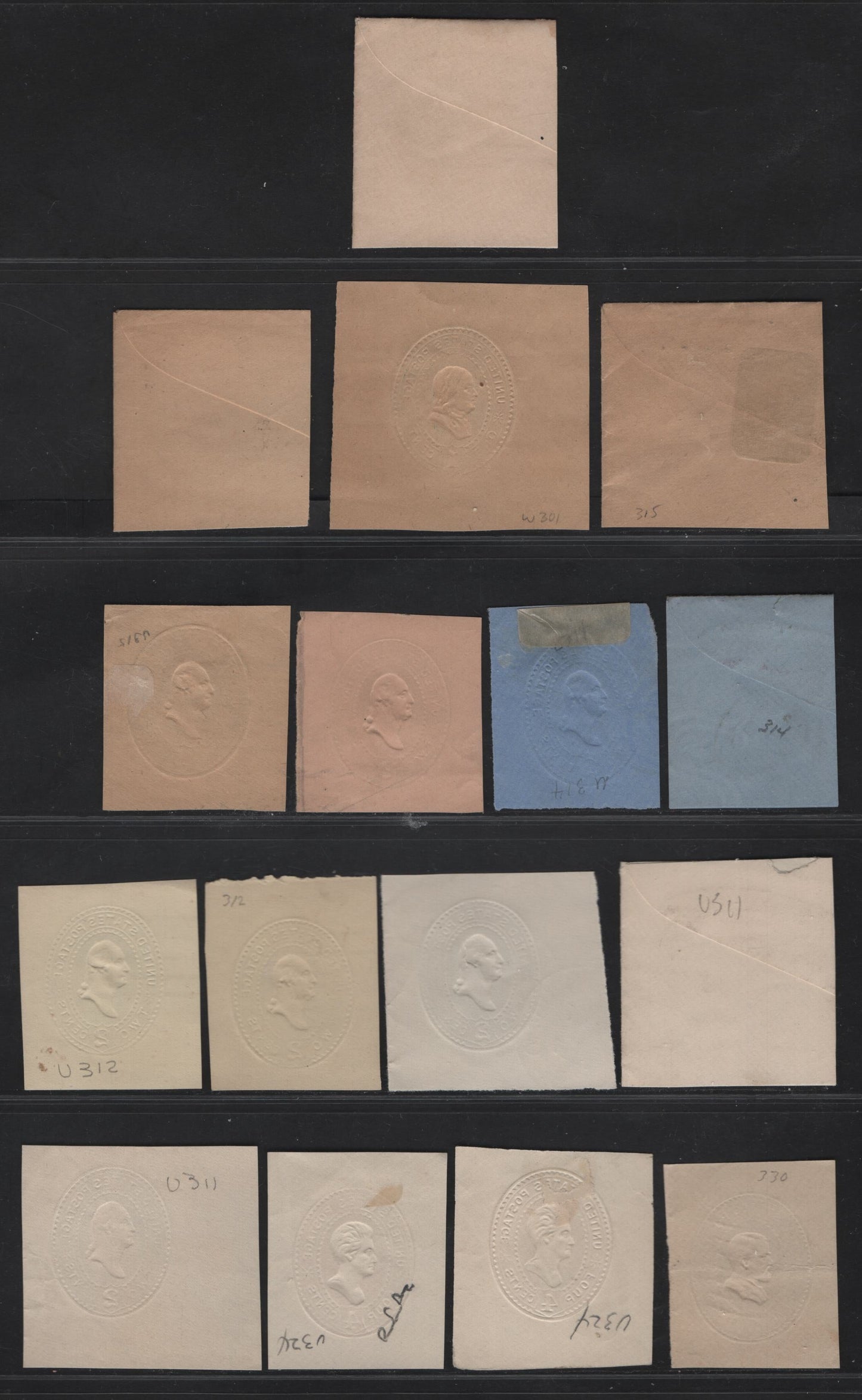 Lot 60 United States SC#U294, U300, W301, U315, U313-a, U314-a, U312-a, U311, U311a,U324-a, U334 1c, 2c, 4c & 5c Blue, Green, Carmine & Blue Franklin - Grant, 1887-1894 Heads Issue, 16 Very Fine Used Singles, Various Papers