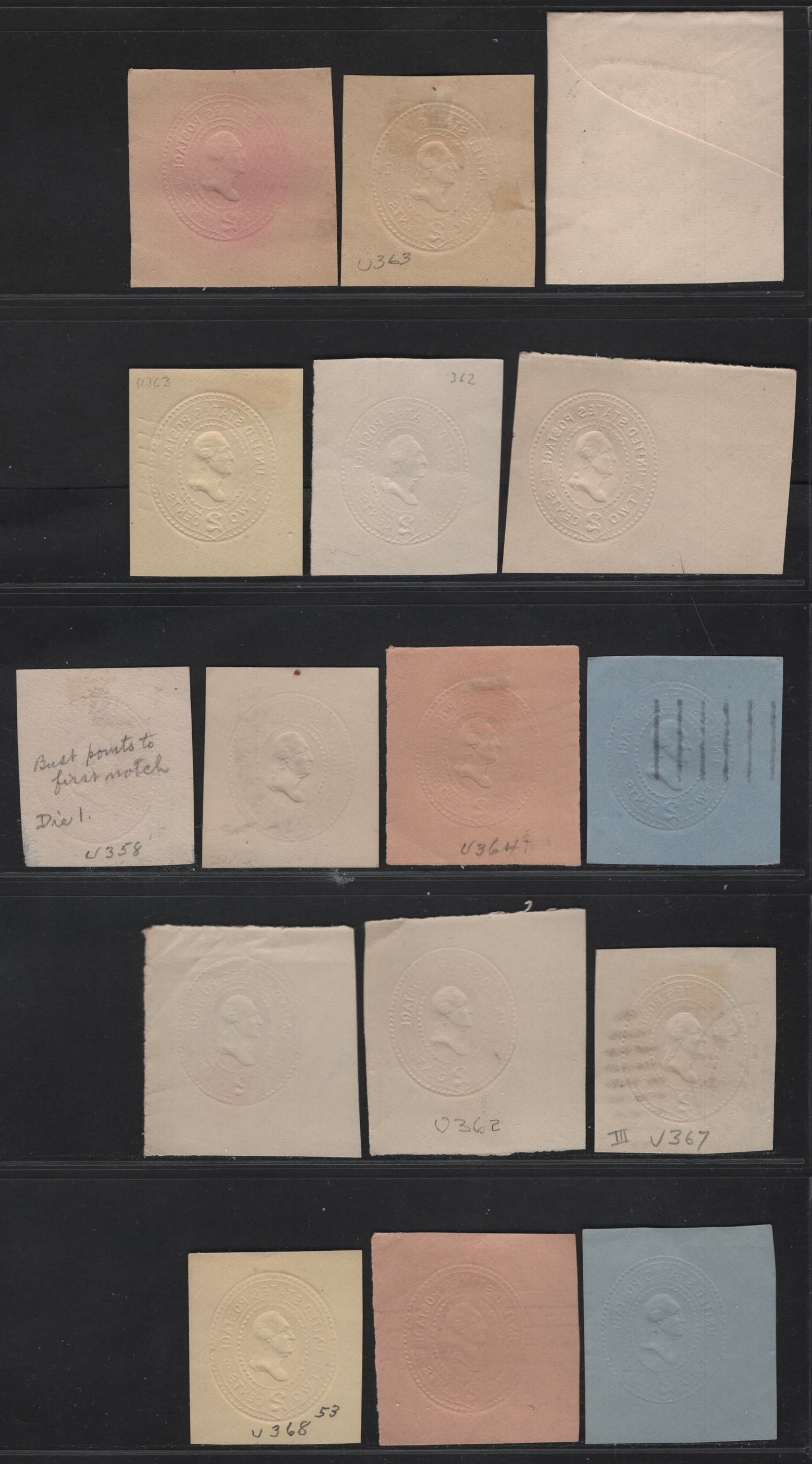 Lot 66 United States SC#U358, U362-U363, W366, U364-U365, U367-U370 2c Carmine & Rose Washington, 1899 Heads Issue, 16 Fine/Very Fine Used Singles, Dies 1-3, White, Manilla, Amber, White, Oriental Buff & Blue