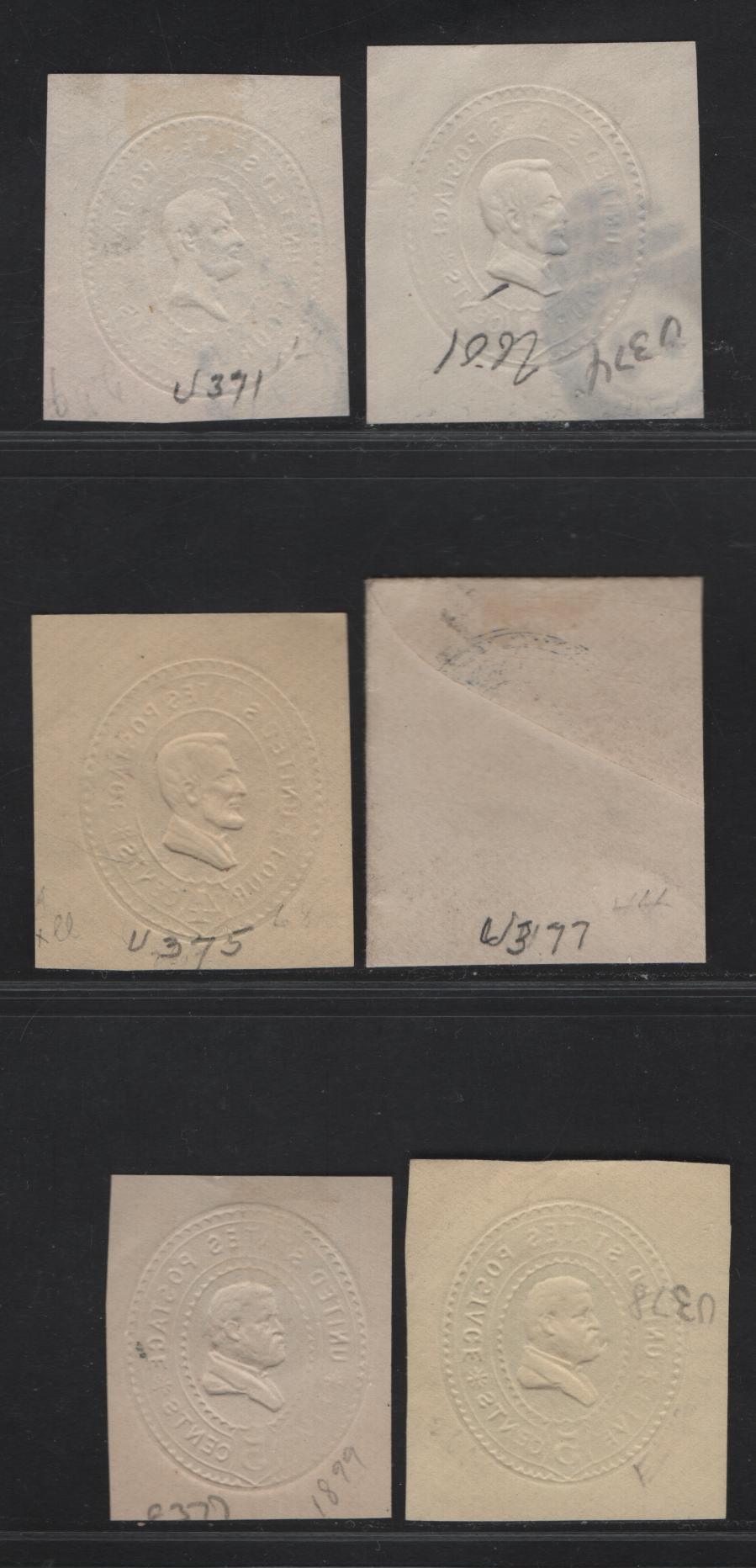 Lot 68 United States SC#U371, U374, U377-U378 4c - 5c Brown, Gray Brown, Dark Blue & Blue Lincoln - Grant, 1899 Heads Issue, 6 Fine/Very Fine Used Singles, Dies 1 &3, White & Amber