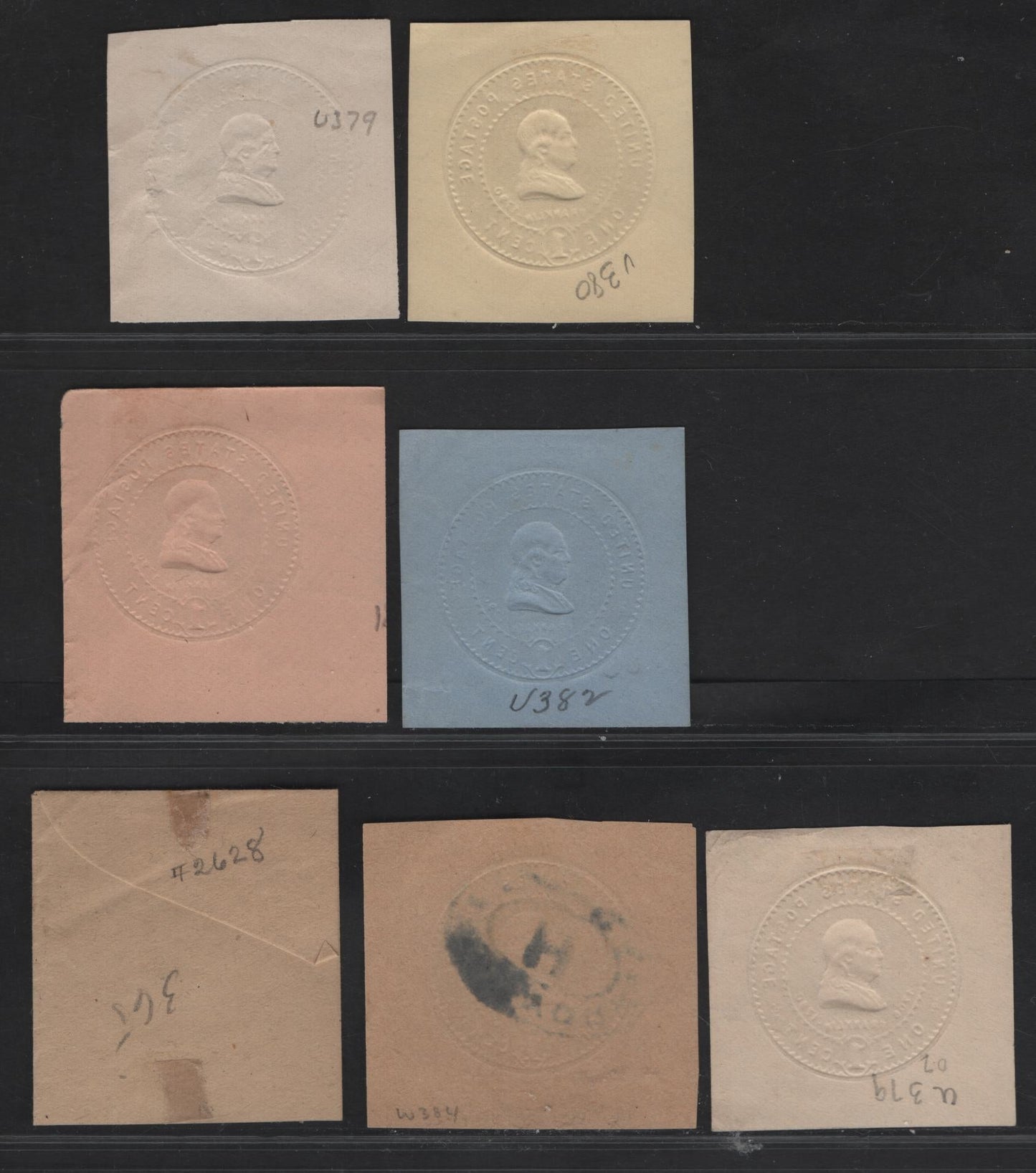 United States SC#U379-U383, W384 1c Green, Amber, Oriental Buff, Blue & Manilla Franklin, 1903 Heads Issue, 7 Very Fine Used Singles, White, Amber, Oriental Buff, Blue & Manilla, Extra Shade Of Green on White & Wrapper on Manilla