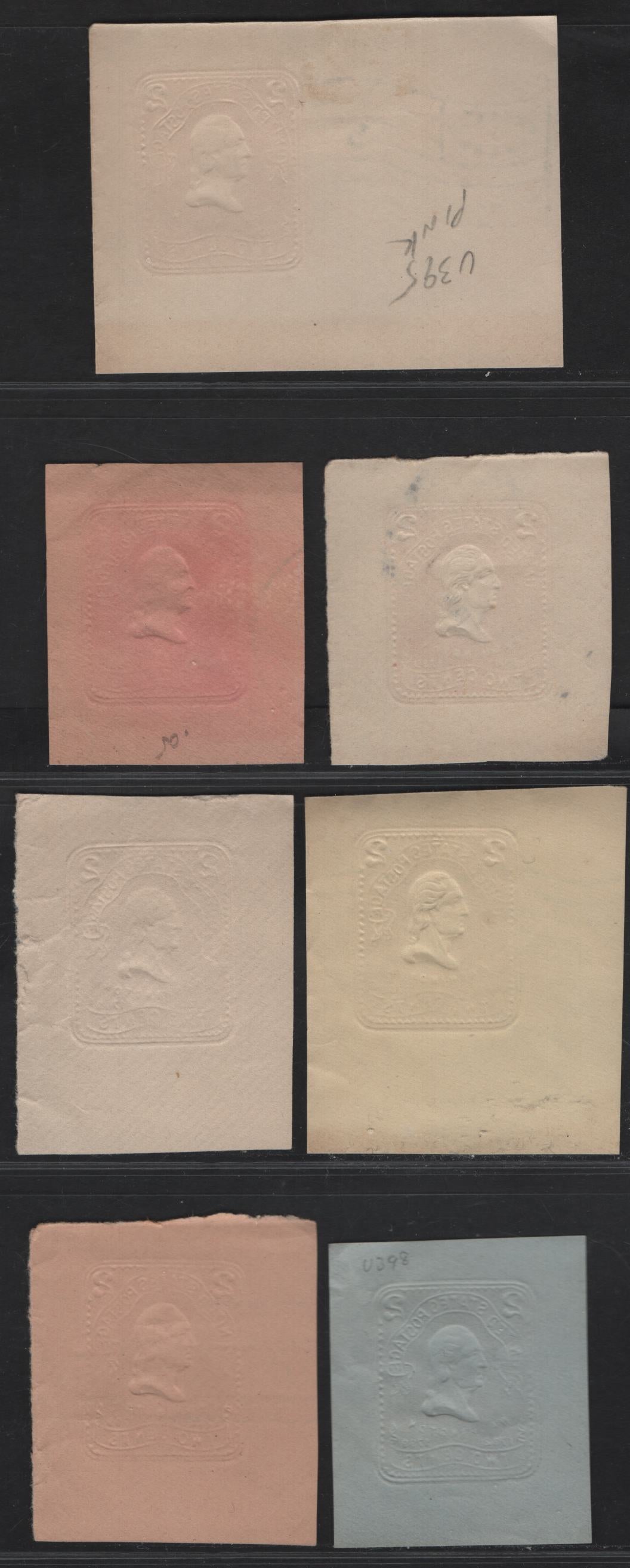 Lot 74 United States SC#U387a, U395-a, U396-U398 2c Pink - Carmine Washington - Lincoln, 1903-1904 Heads Issues, 7 Very Fine Used Singles, Oriental Buff, White & Blue, All Except Pink on Oriental Buff are Recut Die