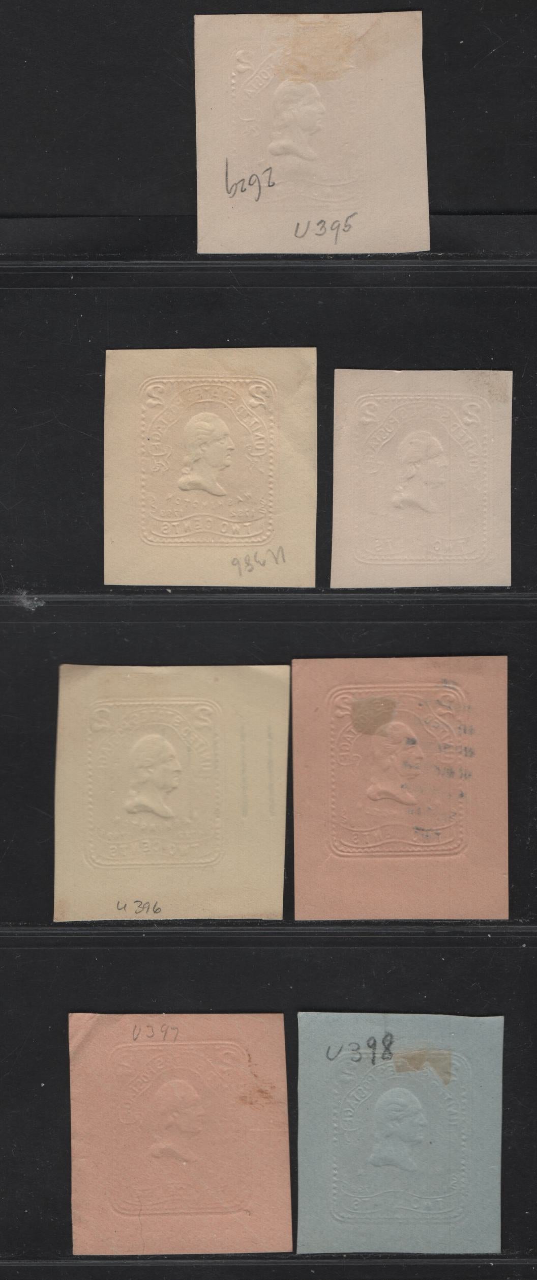 Lot 75 United States SC#U395-a, U396-a, U397-a, U398 2c Carmine - Pink Franklin, 1904 Heads Issue, 7 Fine/Very Fine Used Singles, White, Amber, Oriental Buff & Blue, Recut Die