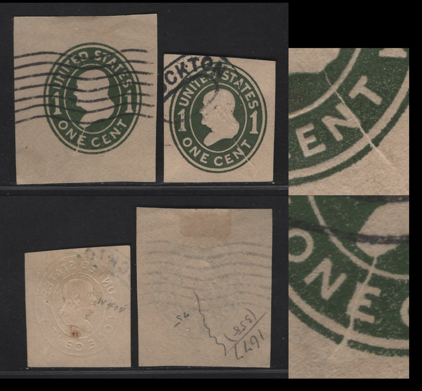 Lot 78 United States SC#U400avar 1c Green Franklin, 1904 Heads Issue, 2 Fine Used Single Laid Paper, Die 2,, Crack Through E of One & N of Cent